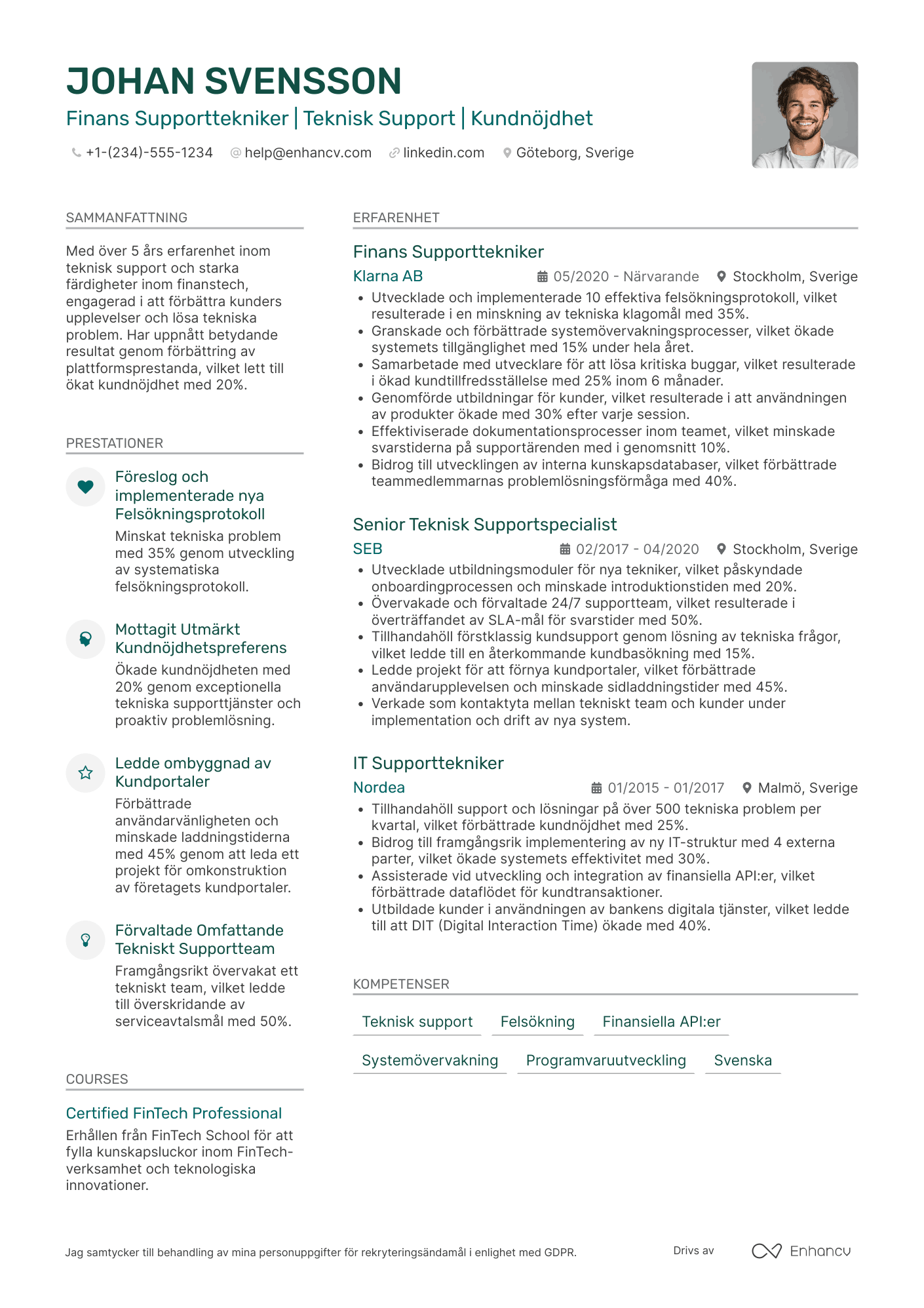 CV för Finans Supporttekniker Resume Example