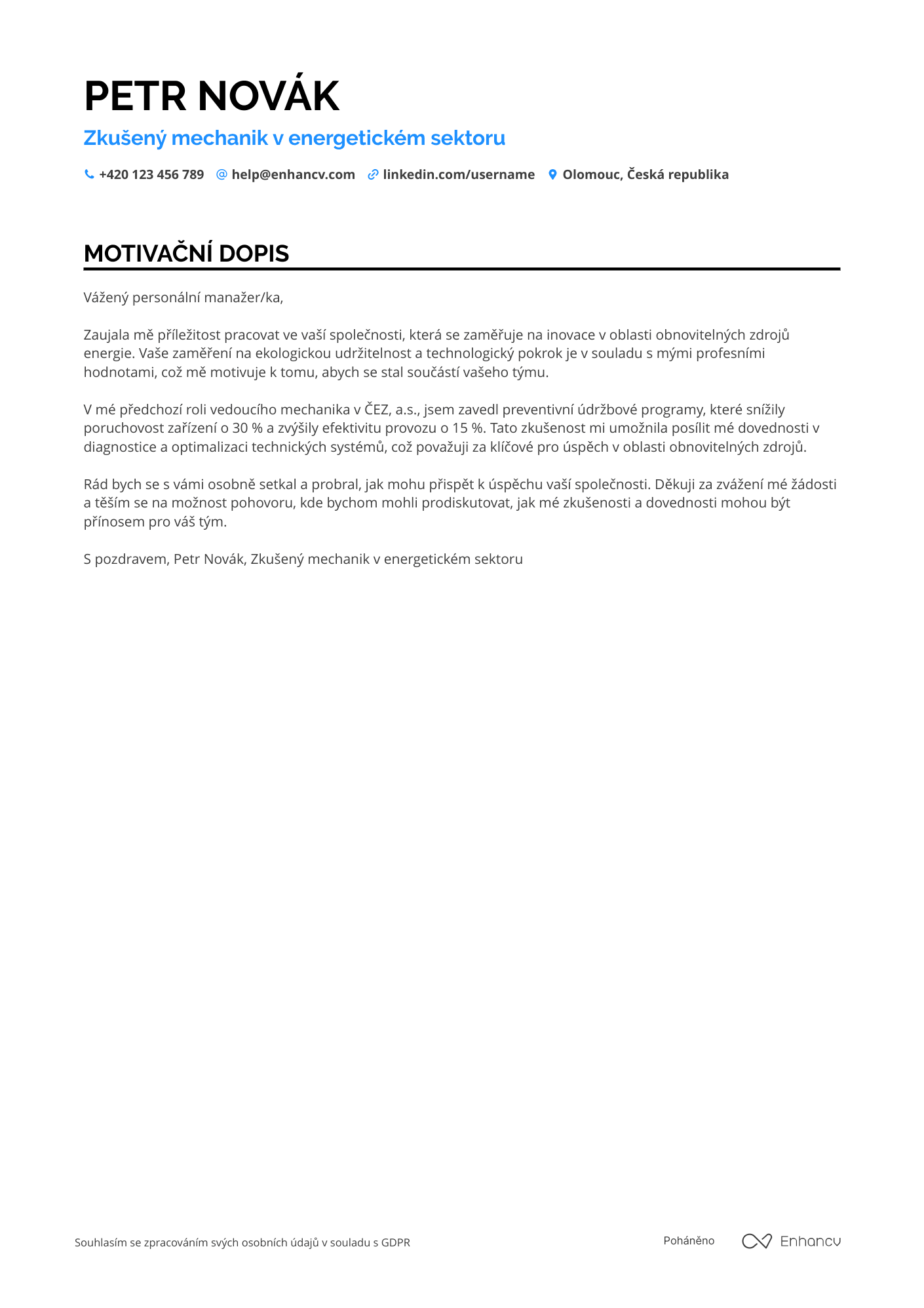 Motivační dopis pro Mechanik v energetickém sektoru Resume Example