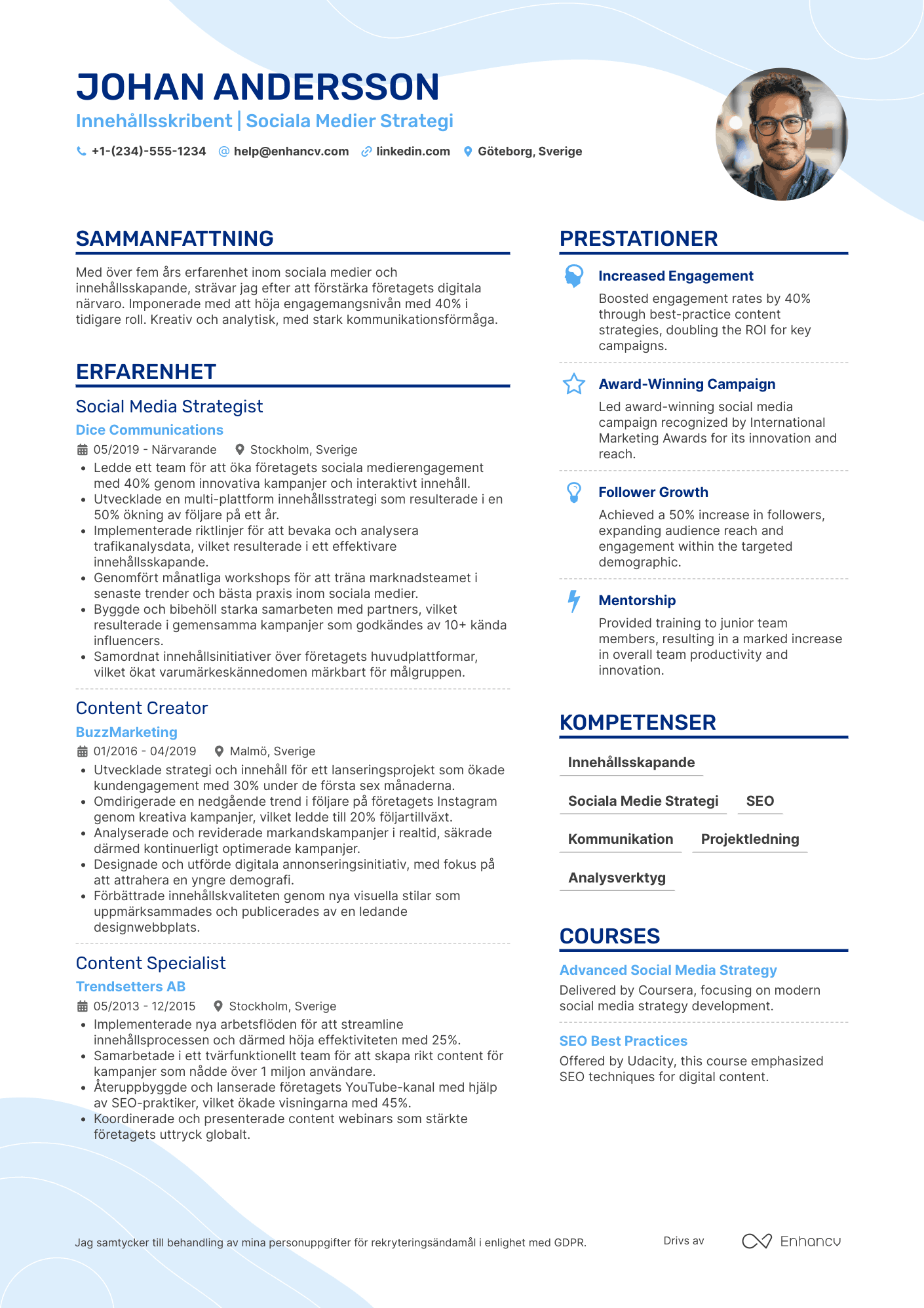 CV för Innehållsskribent för sociala medier Resume Example