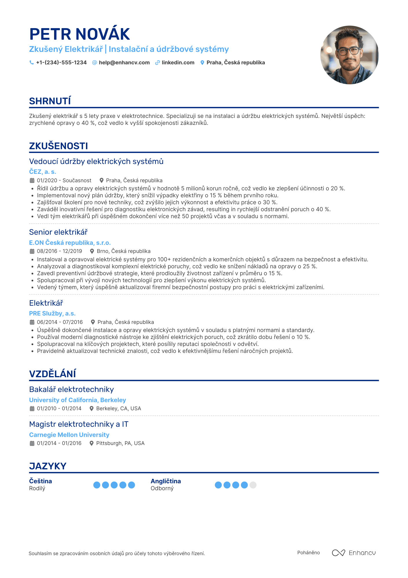 Životopis pro Zkušený Elektrikář Resume Example
