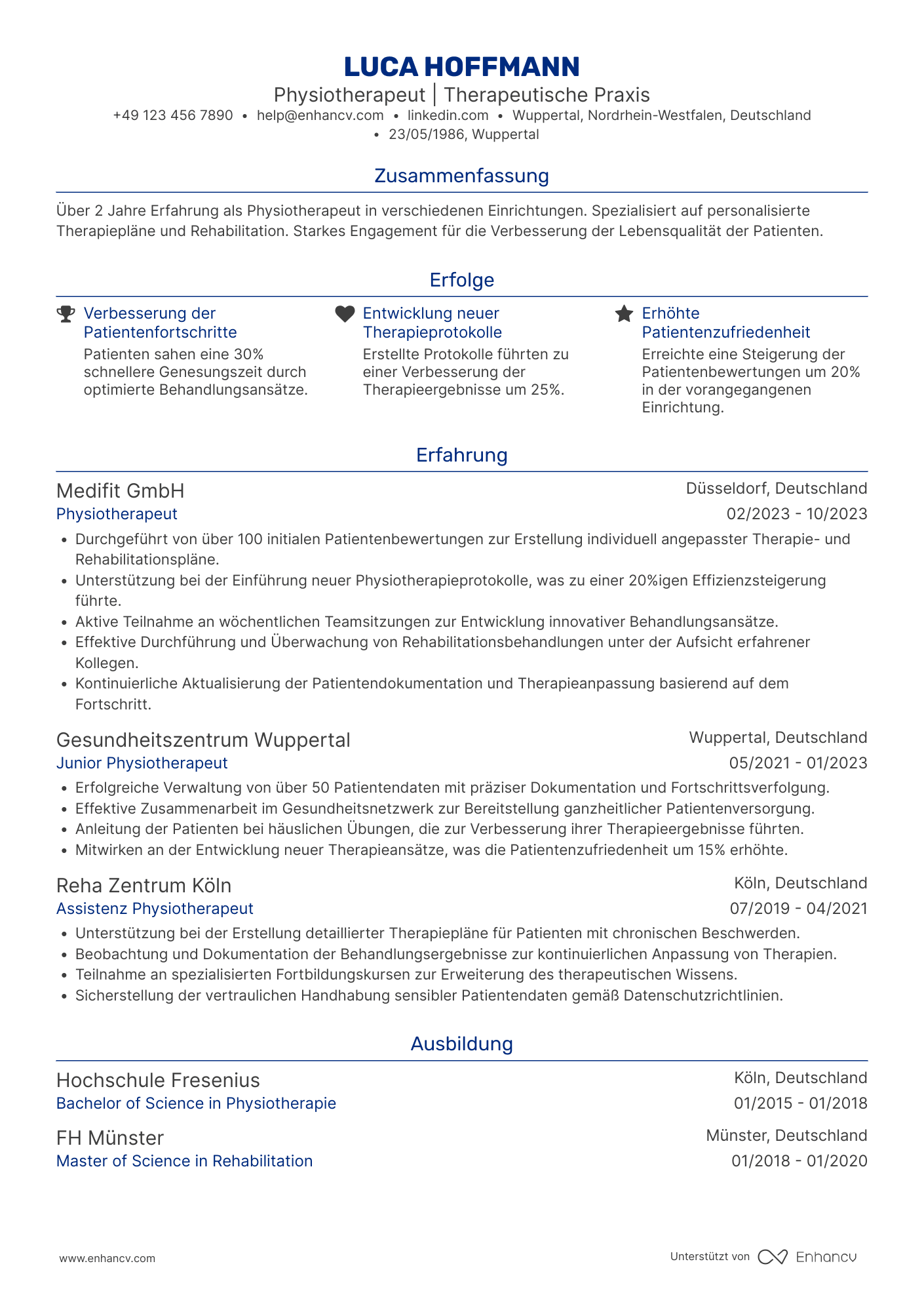 Lebenslauf als Berufsanfänger Physiotherapeut Resume Example