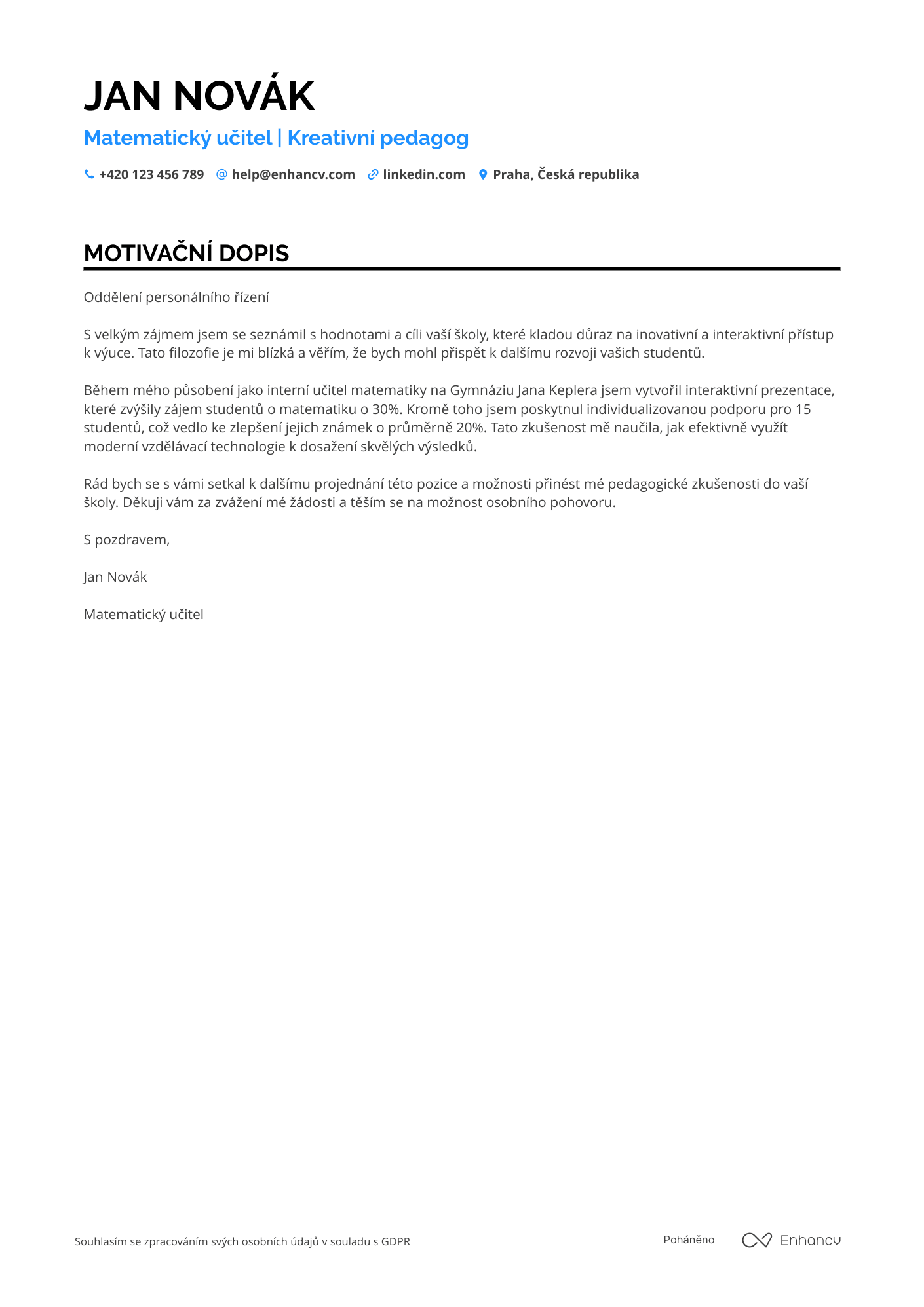 Motivační dopis pro Junior učitel matematiky Resume Example