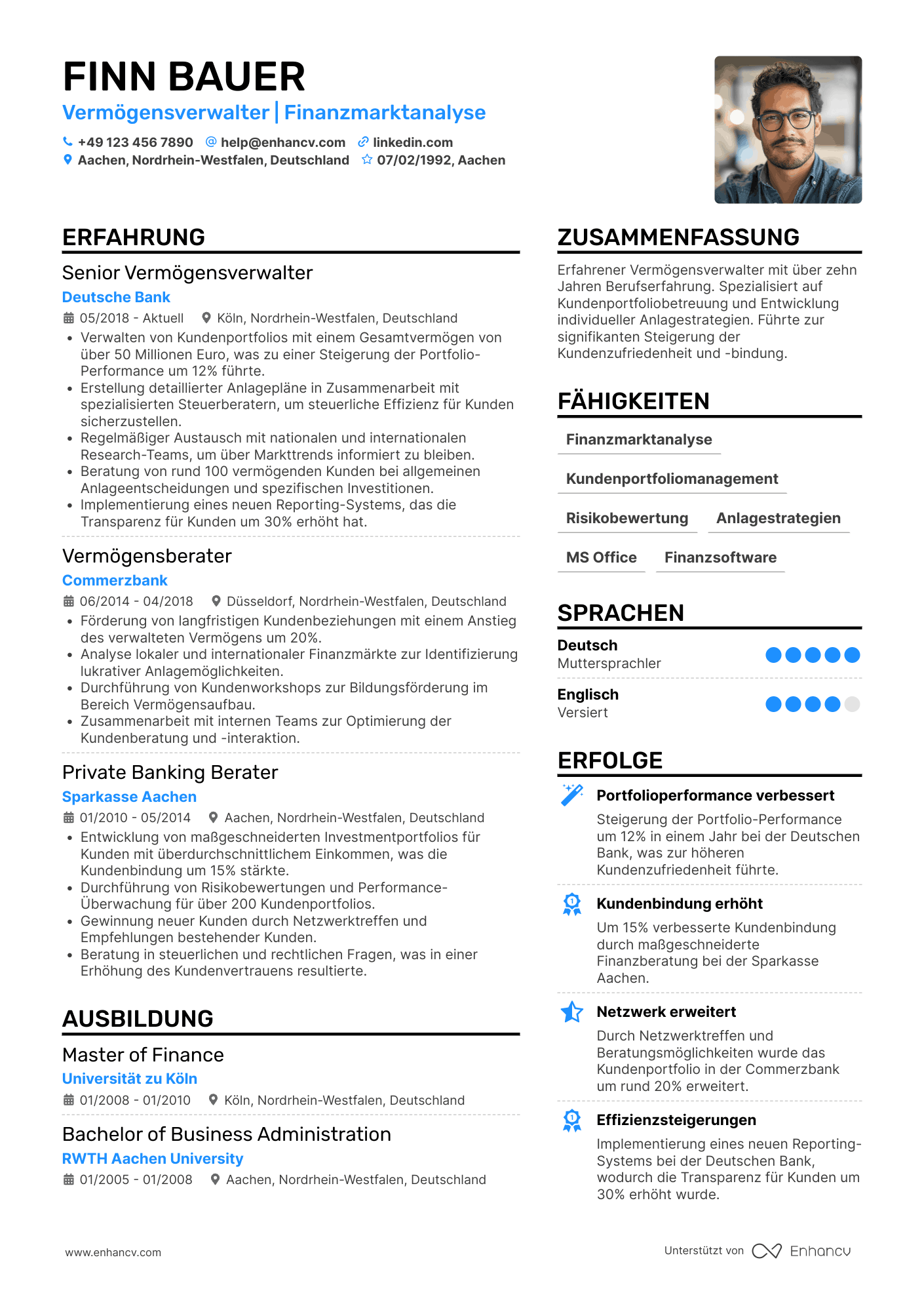 Lebenslauf als Bankkaufmann in der Vermögensverwaltung Resume Example