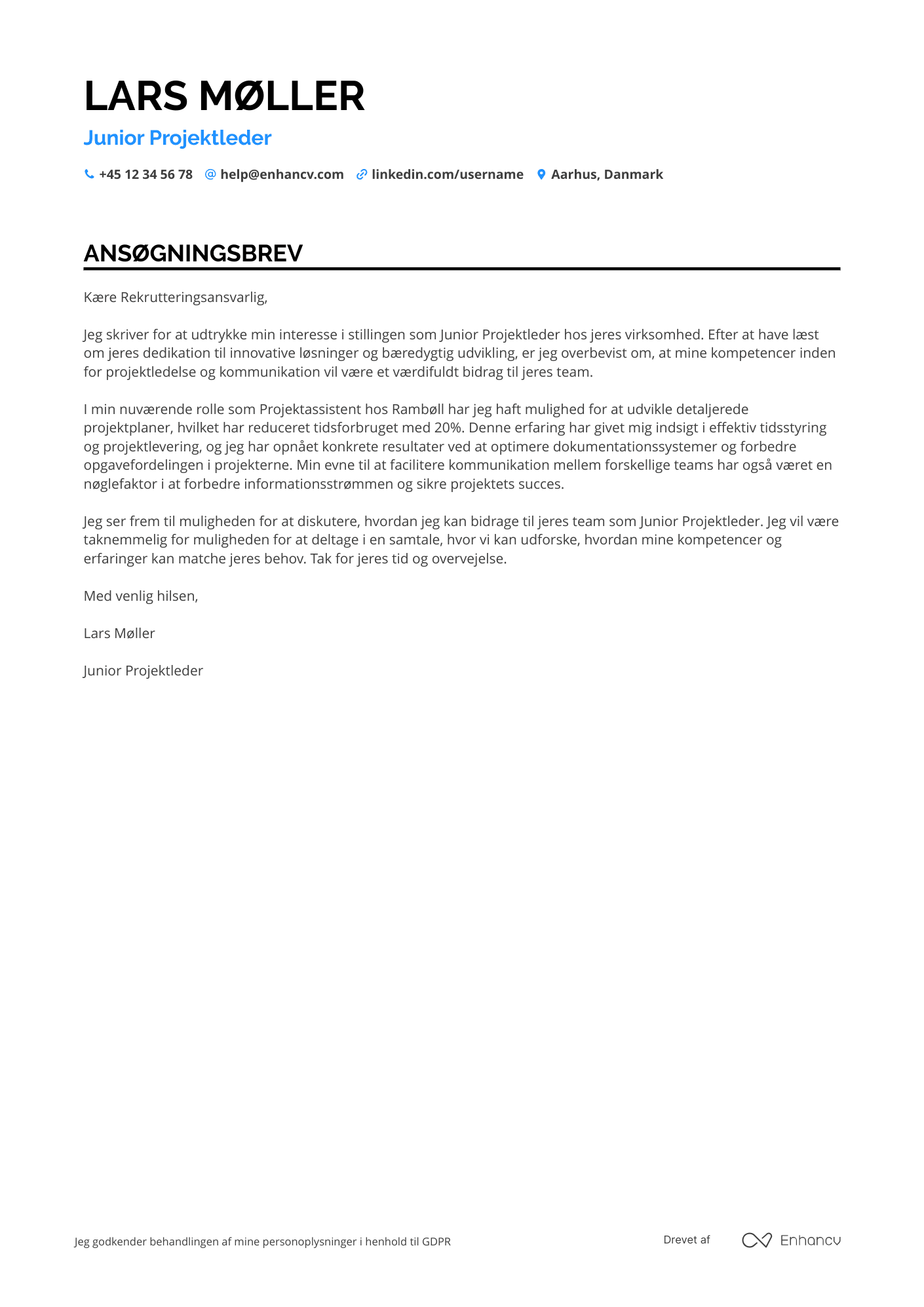 Ansøgningsbrev til Junior Projektleder Resume Example