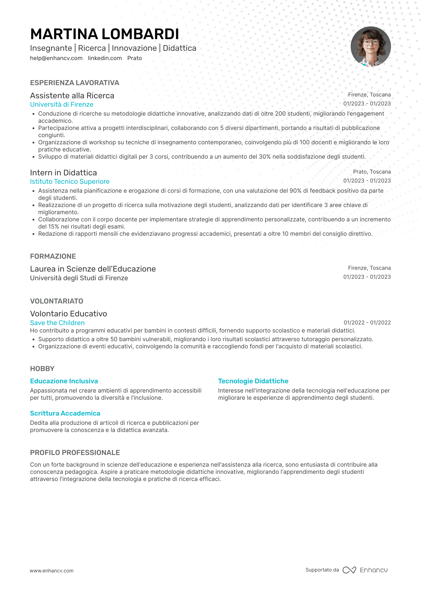 Insegnante ricercatore Resume Example