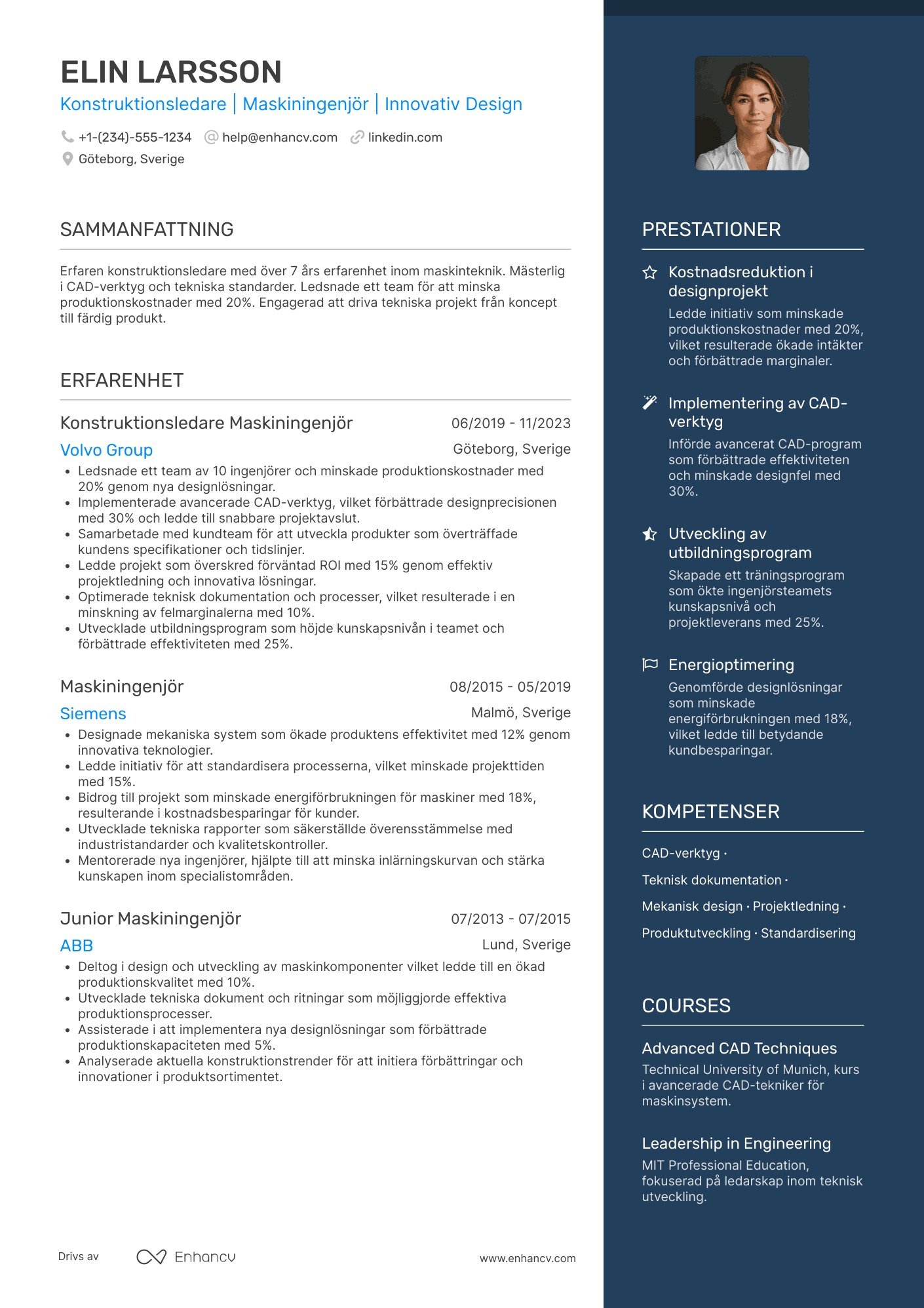 CV för Konstruktionsledare Maskiningenjör Resume Example