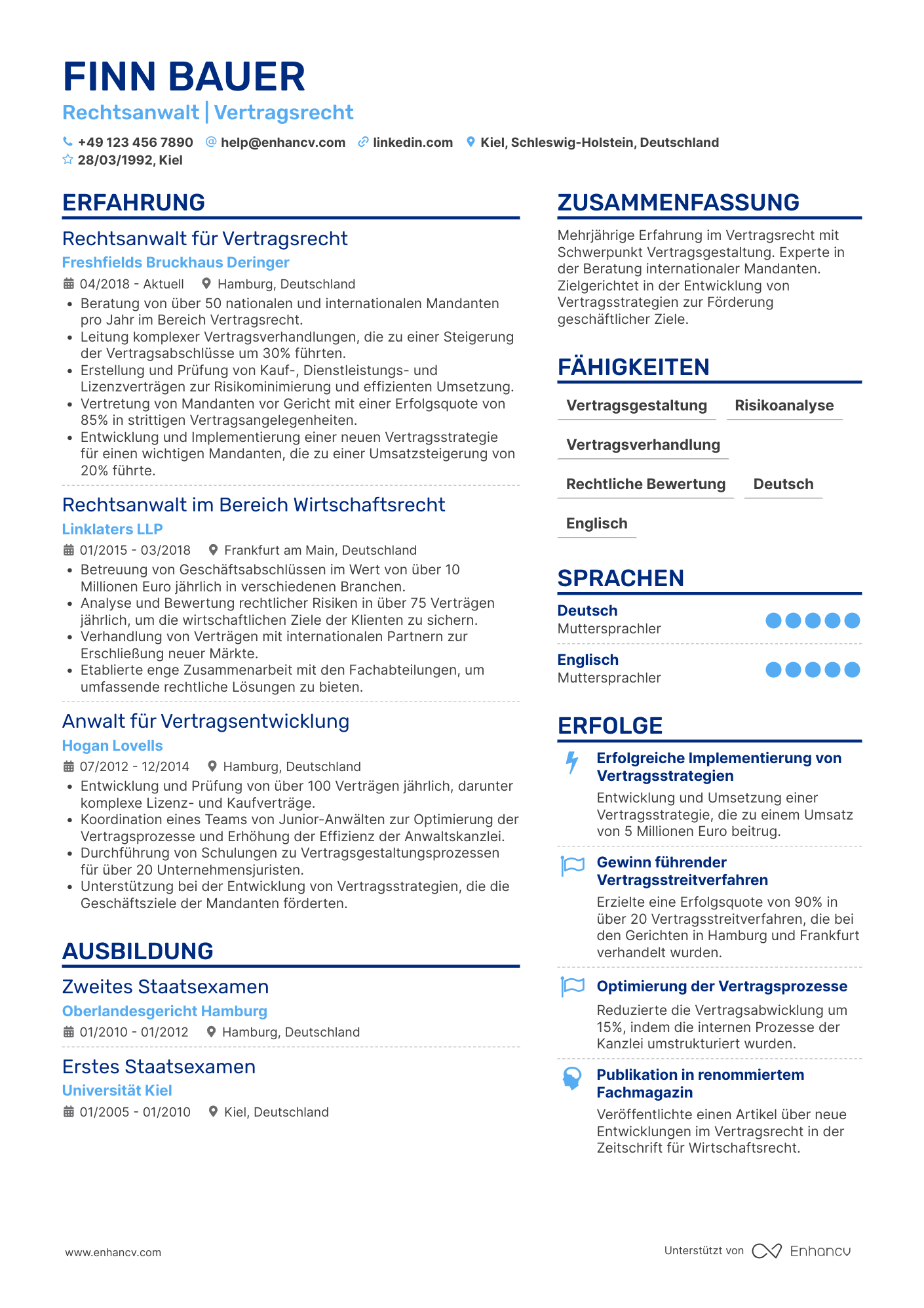 Lebenslauf als Rechtsanwalt für Vertragsrecht Resume Example