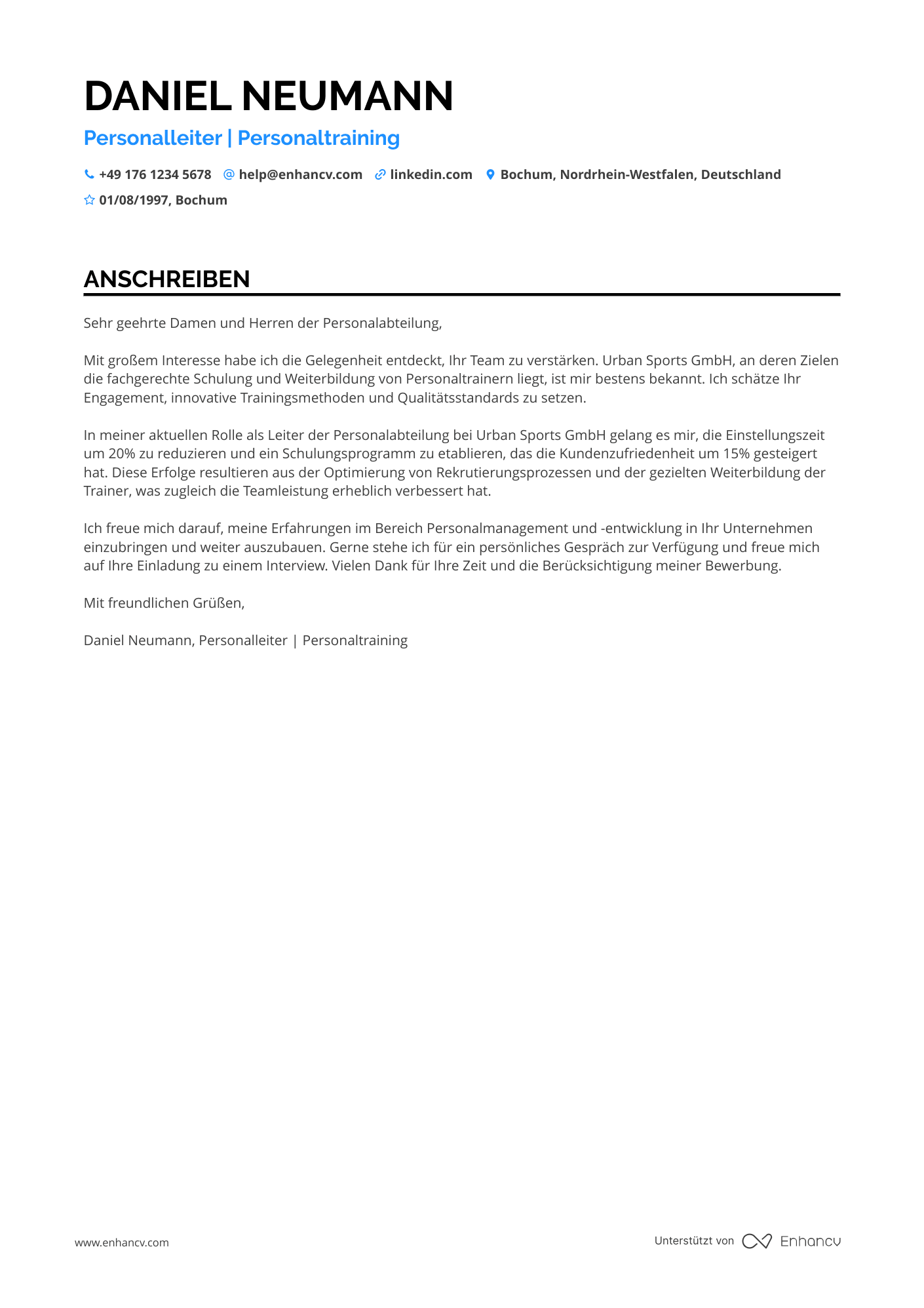 Personaler für Personaltraining Resume Example