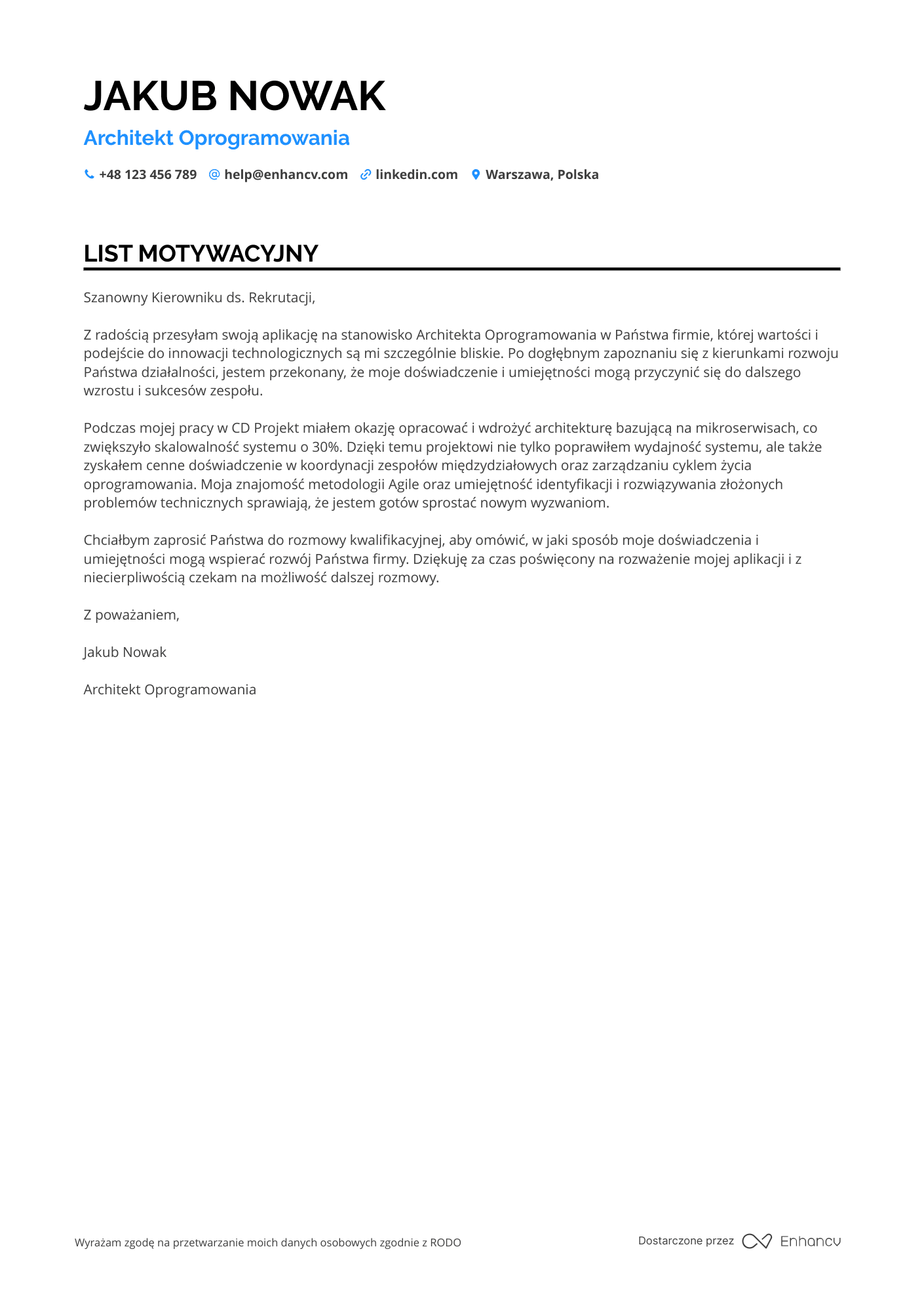 List motywacyjny dla Architekt oprogramowania Resume Example