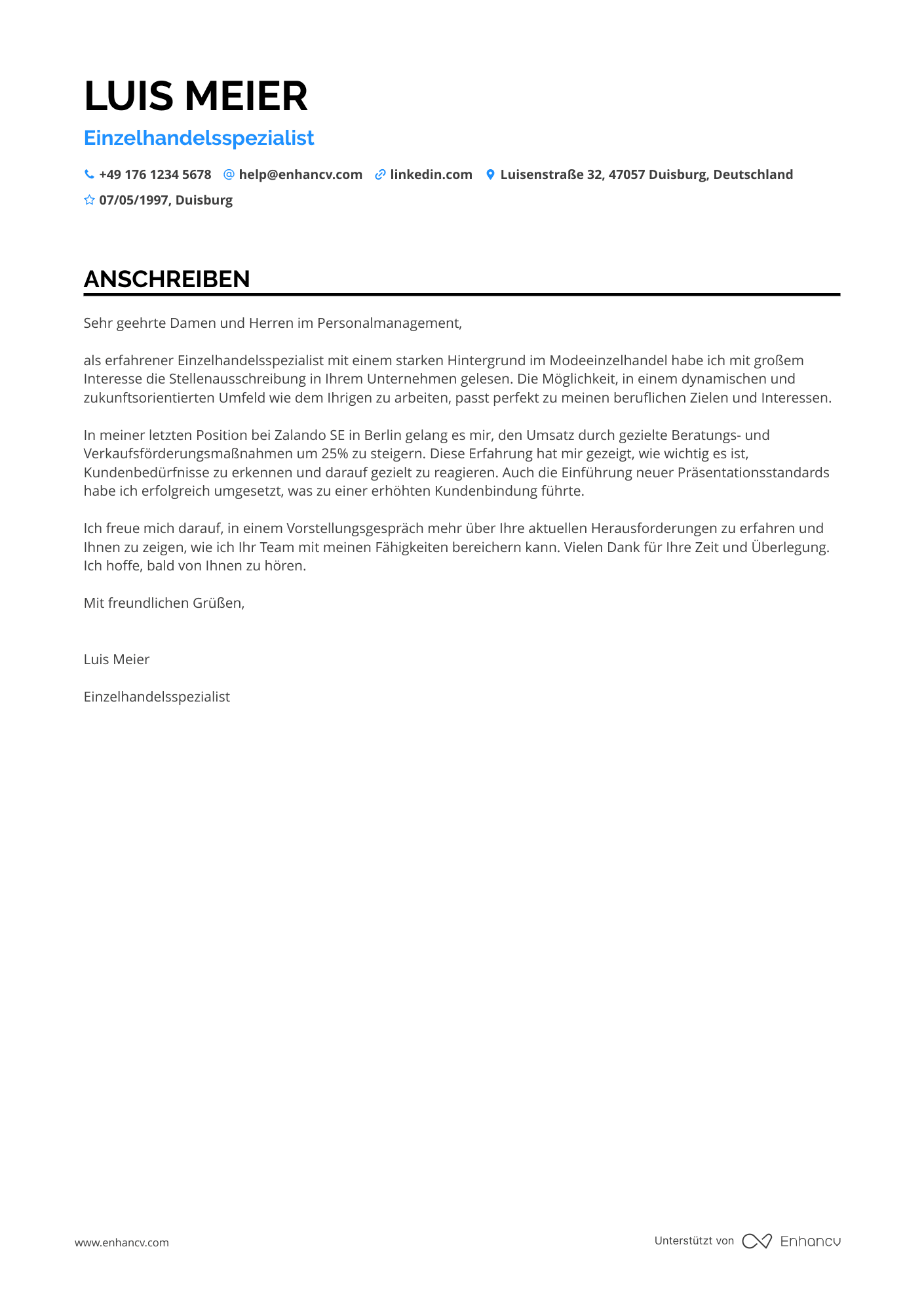 Einzelhandelsspezialist für Mode Resume Example