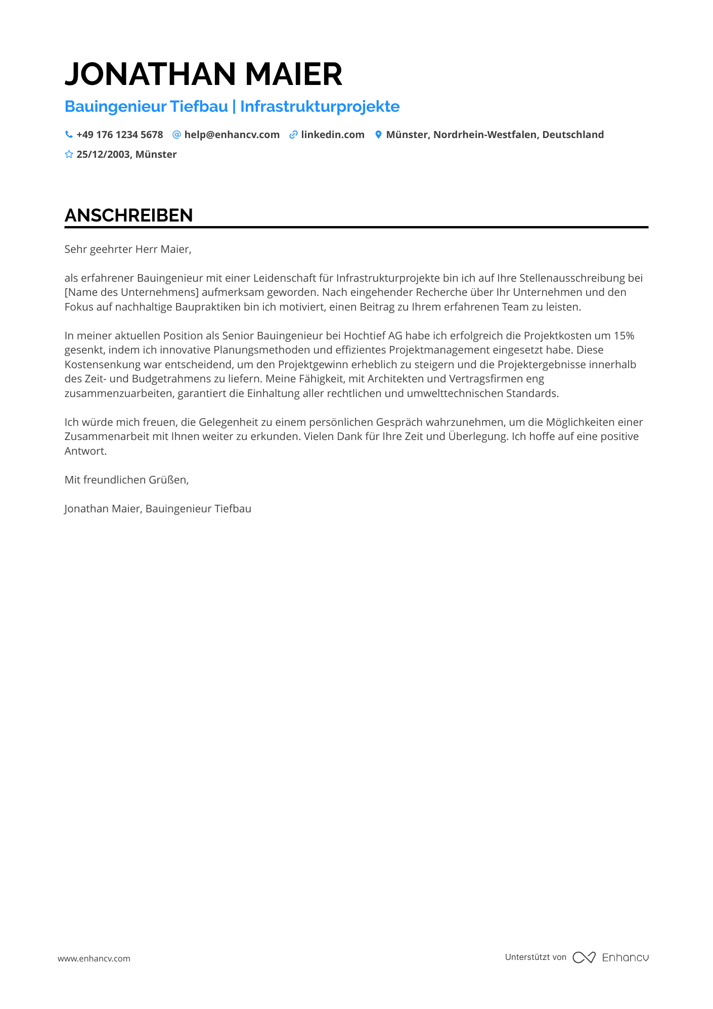 Bauingenieur im Tiefbau Resume Example