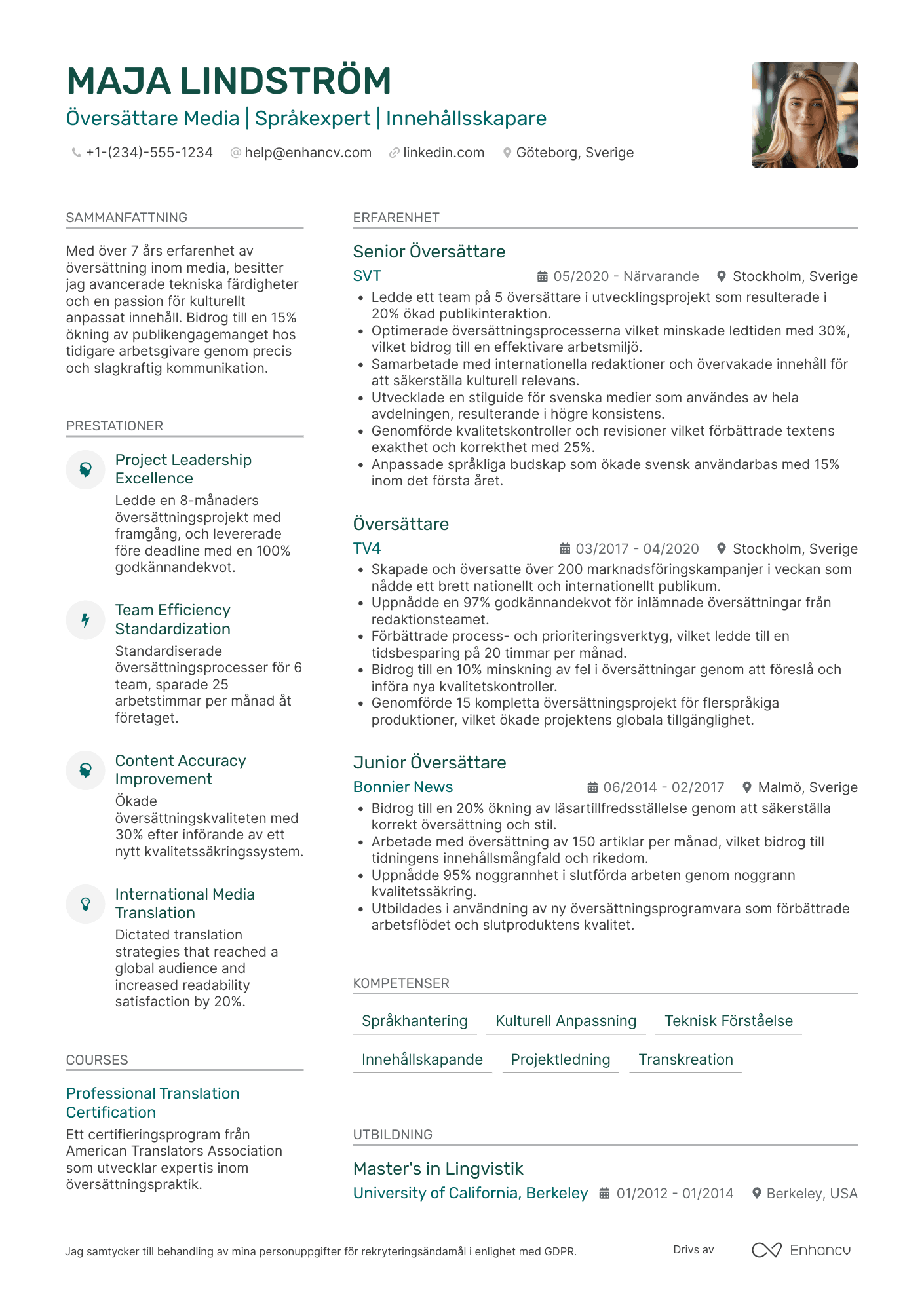 CV för Översättare Media Resume Example