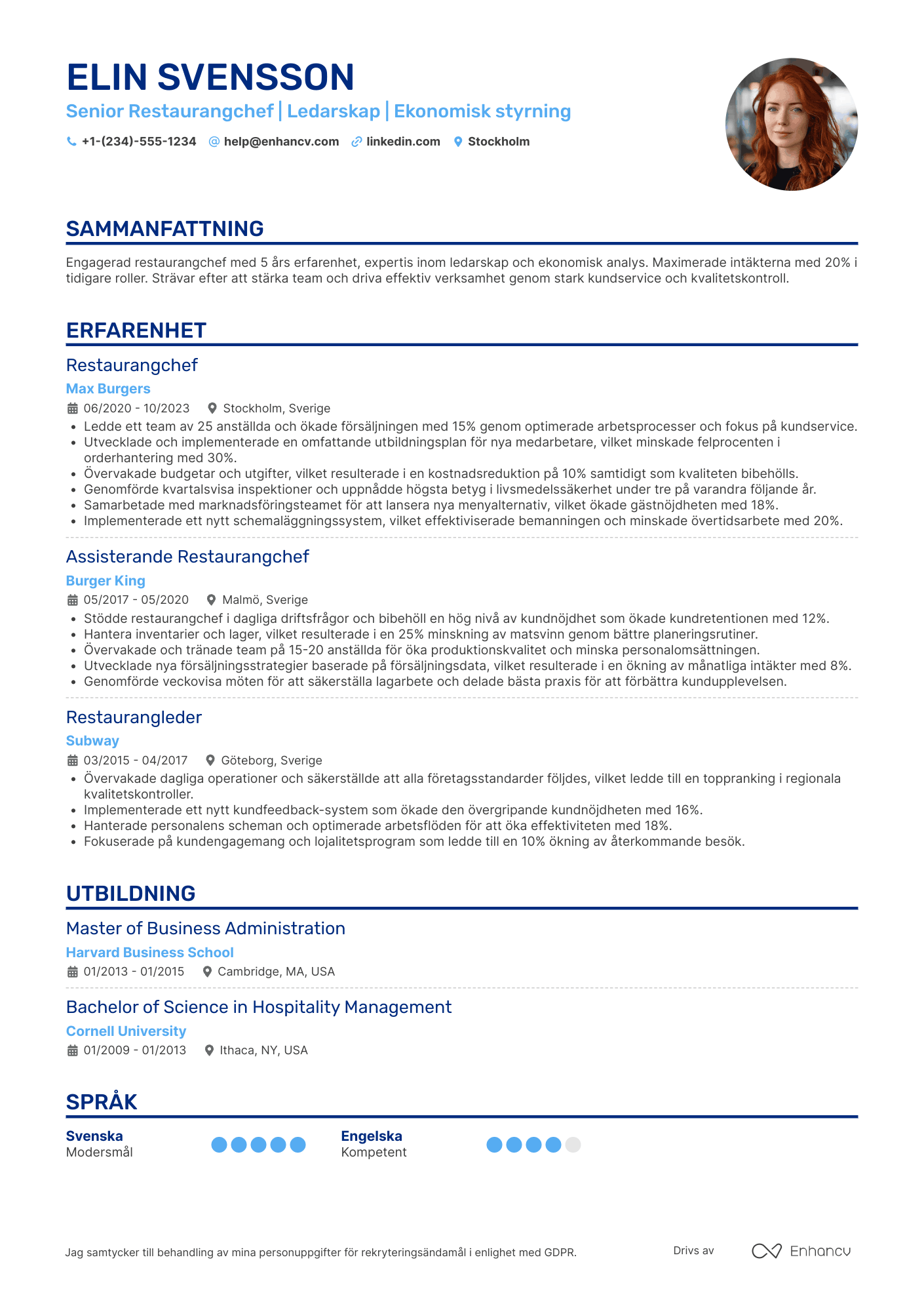 CV för McDonald's Senior Manager Resume Example