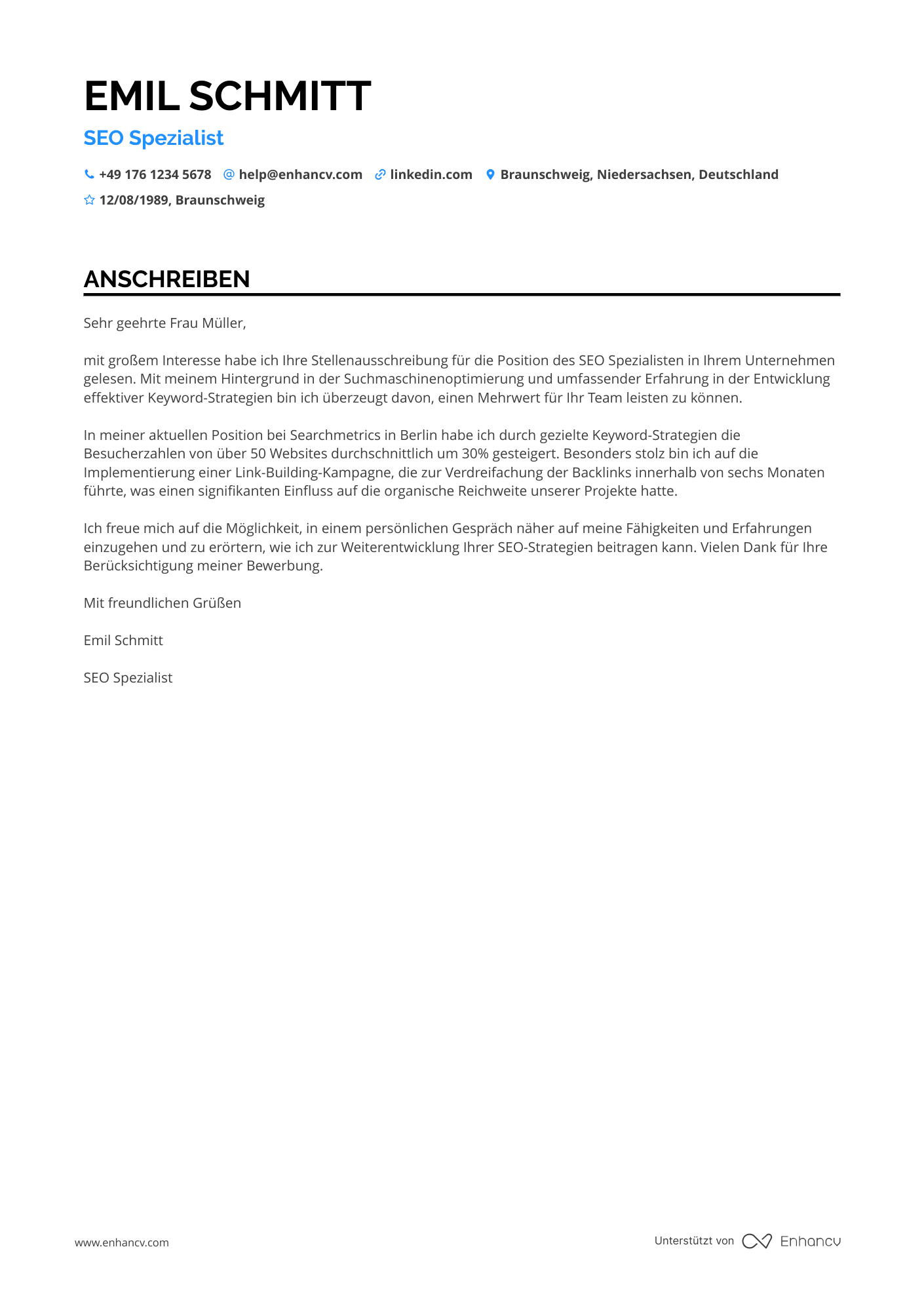 Einsteiger SEO Spezialist Resume Example