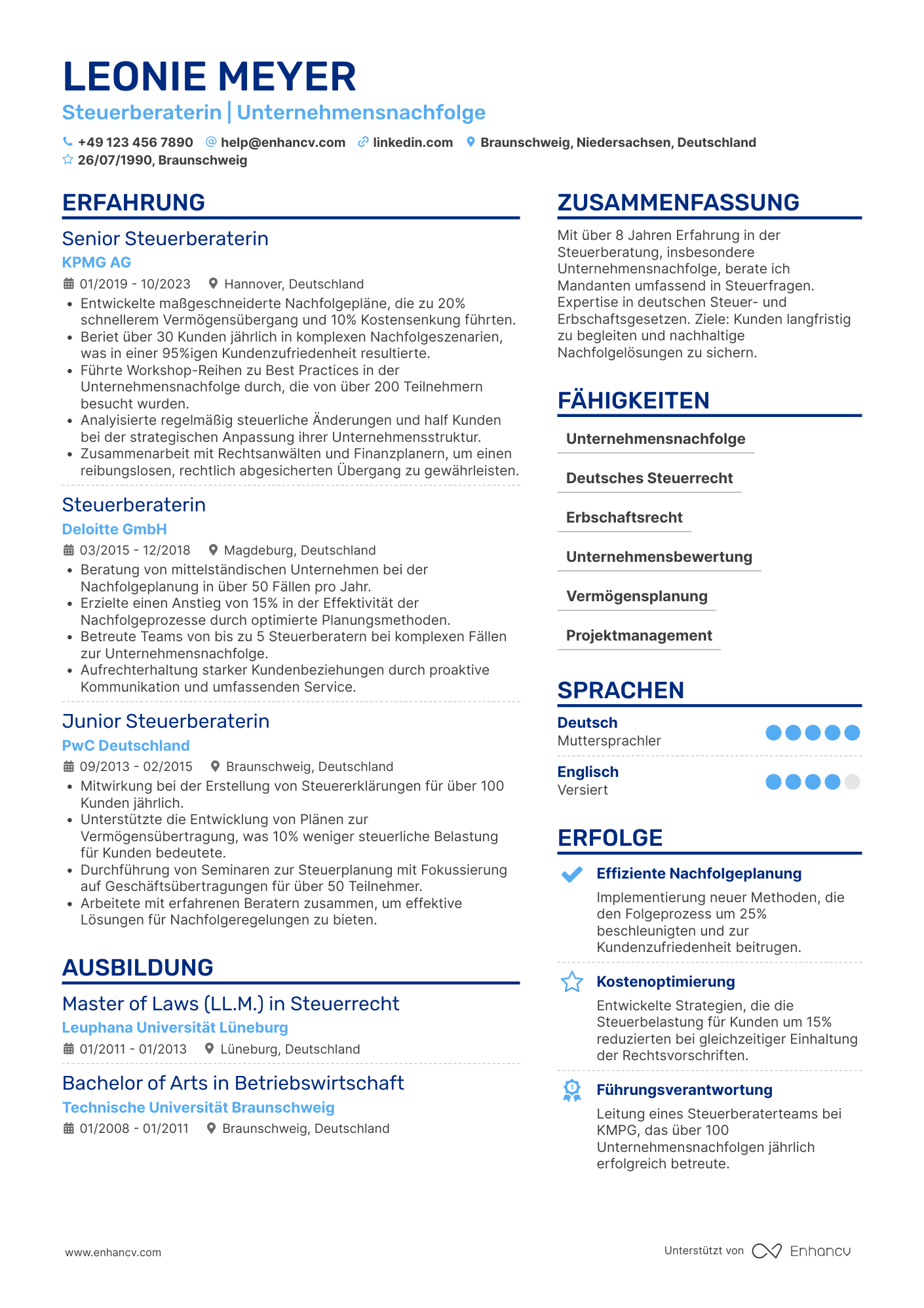 Lebenslauf als Steuerberater für Unternehmensnachfolge Resume Example