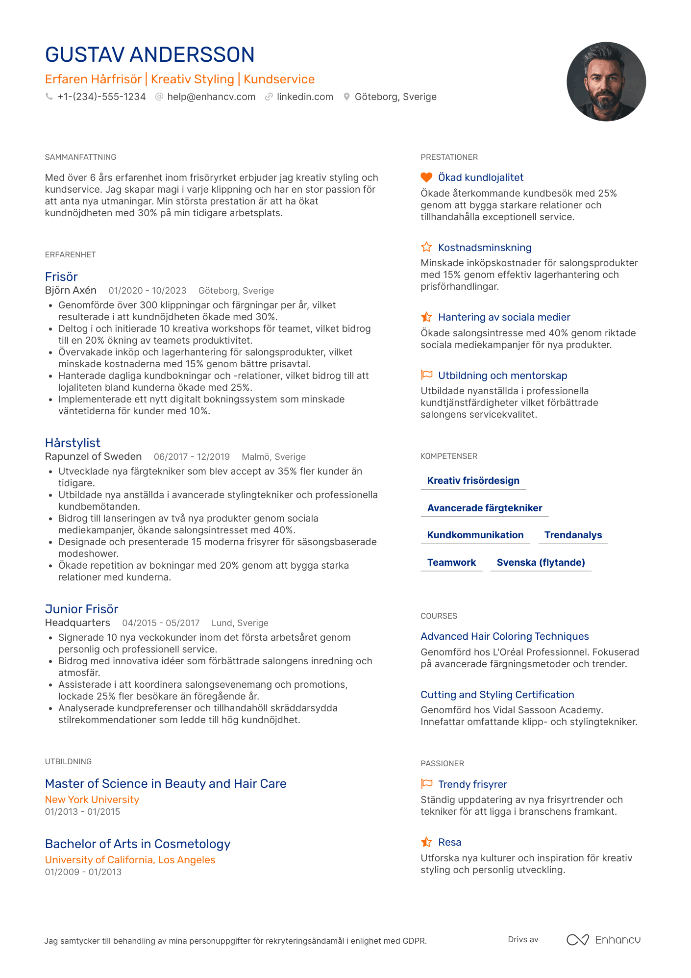 CV för Erfaren Hårfrisör Resume Example