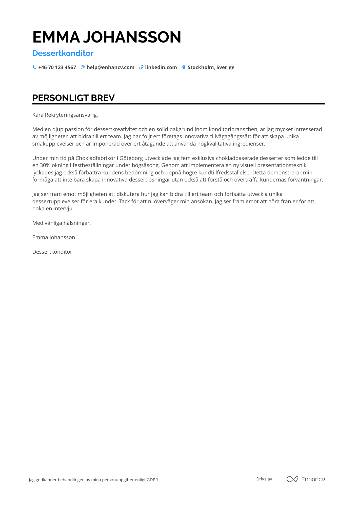 Personligt brev för Dessertkonditor Resume Example