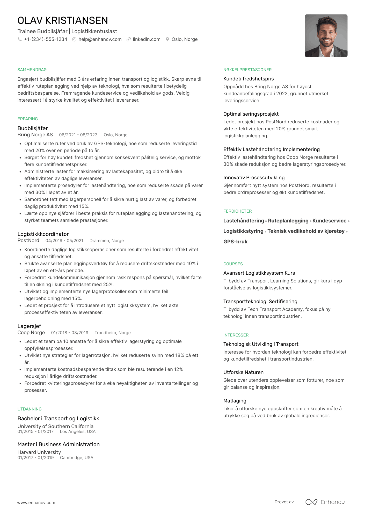 CV for Trainee Budbilsjåfør Resume Example