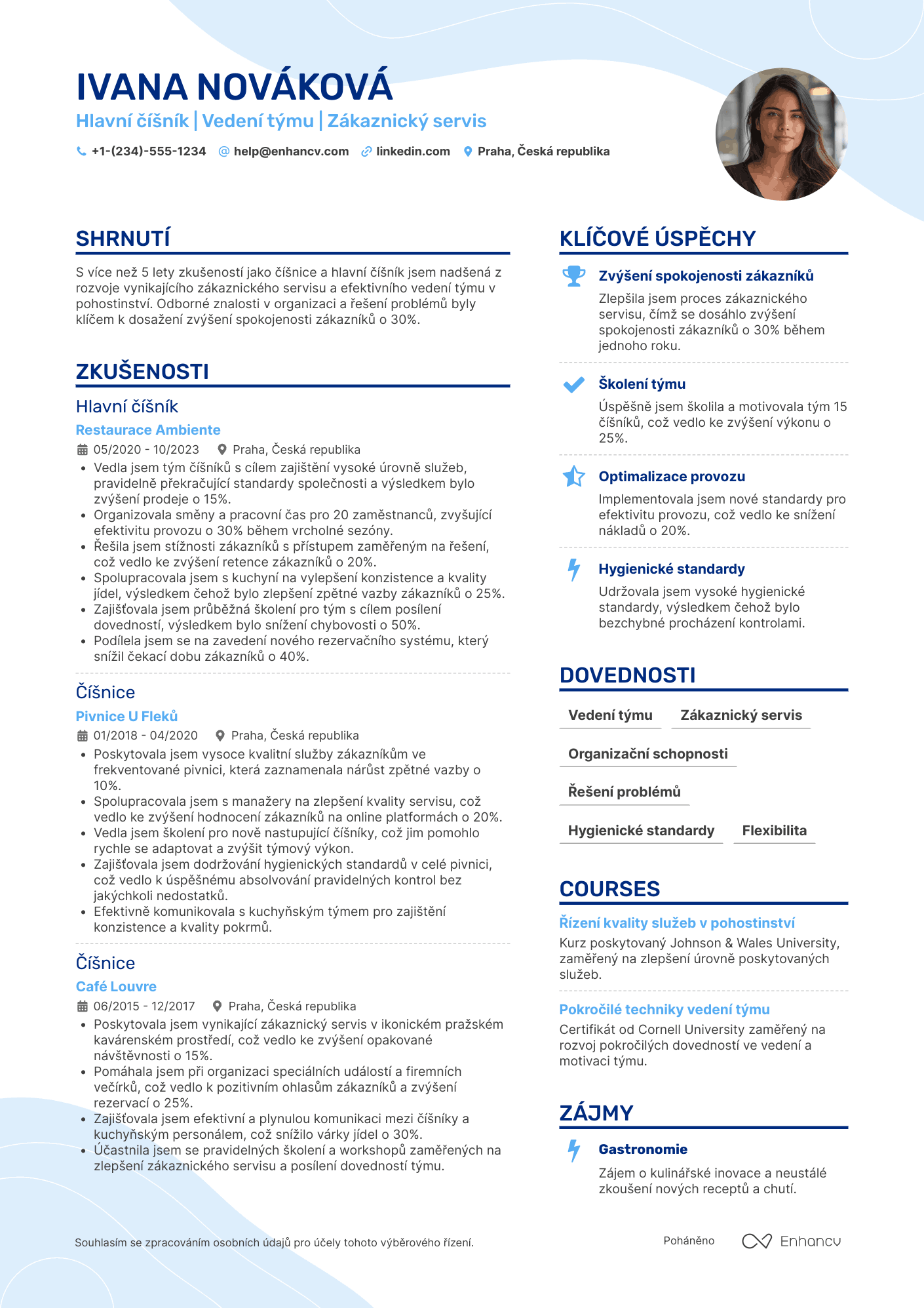 Životopis pro Hlavní číšník Resume Example