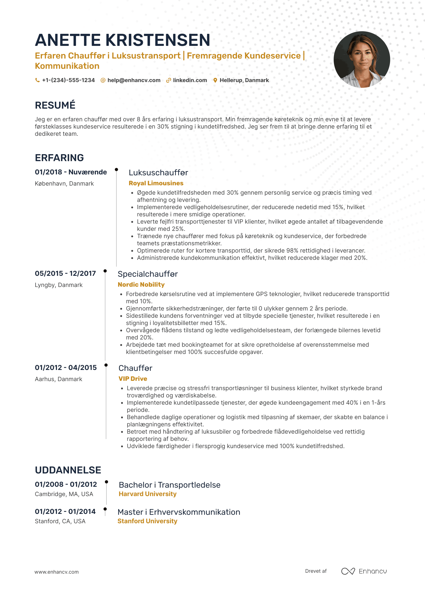 CV til Chauffør i luksustransport Resume Example