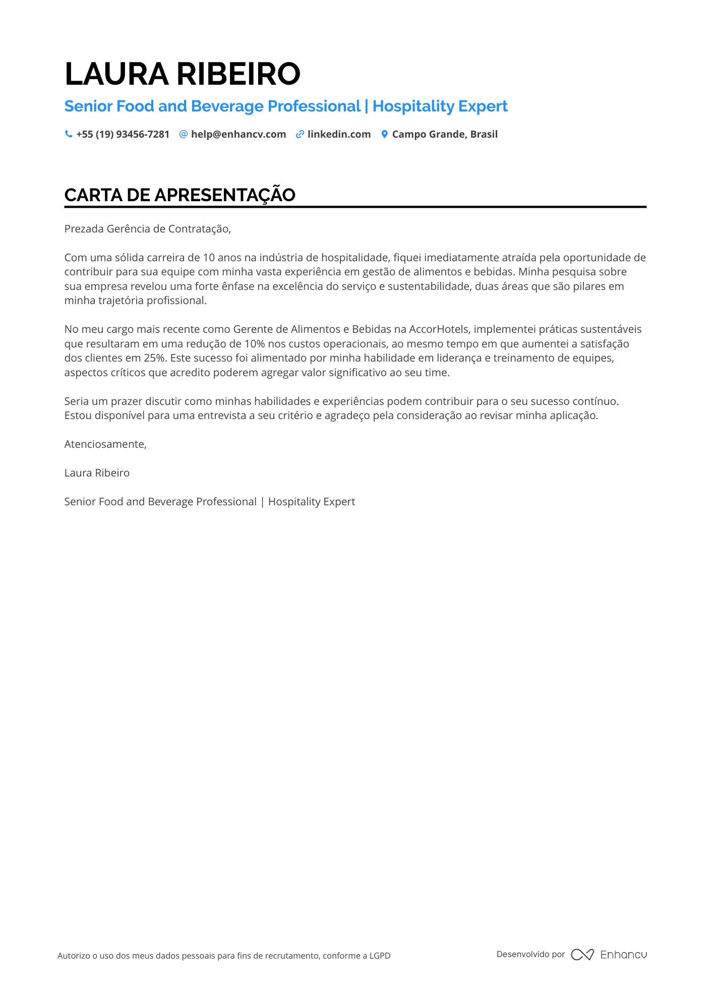 Barman de Cruzeiro Resume Example
