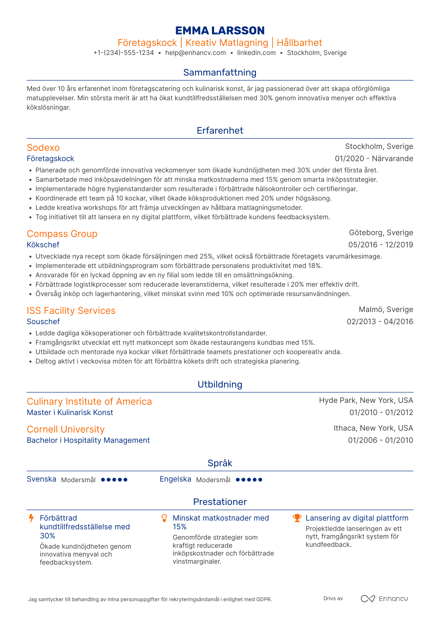CV för Företagskock Resume Example