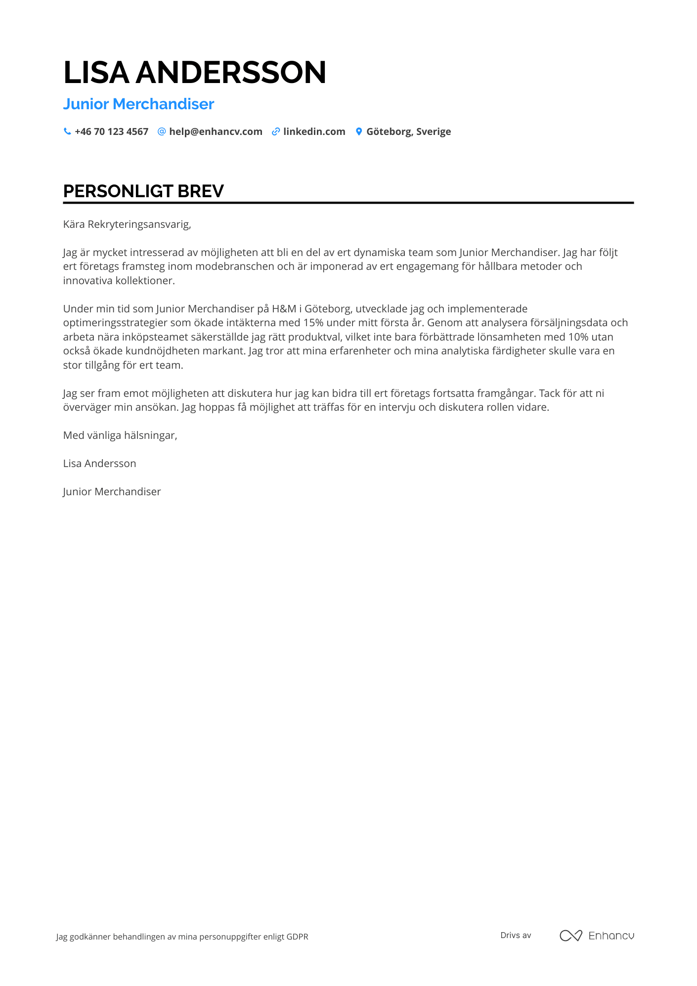 Personligt brev för Junior Merchandiser Resume Example
