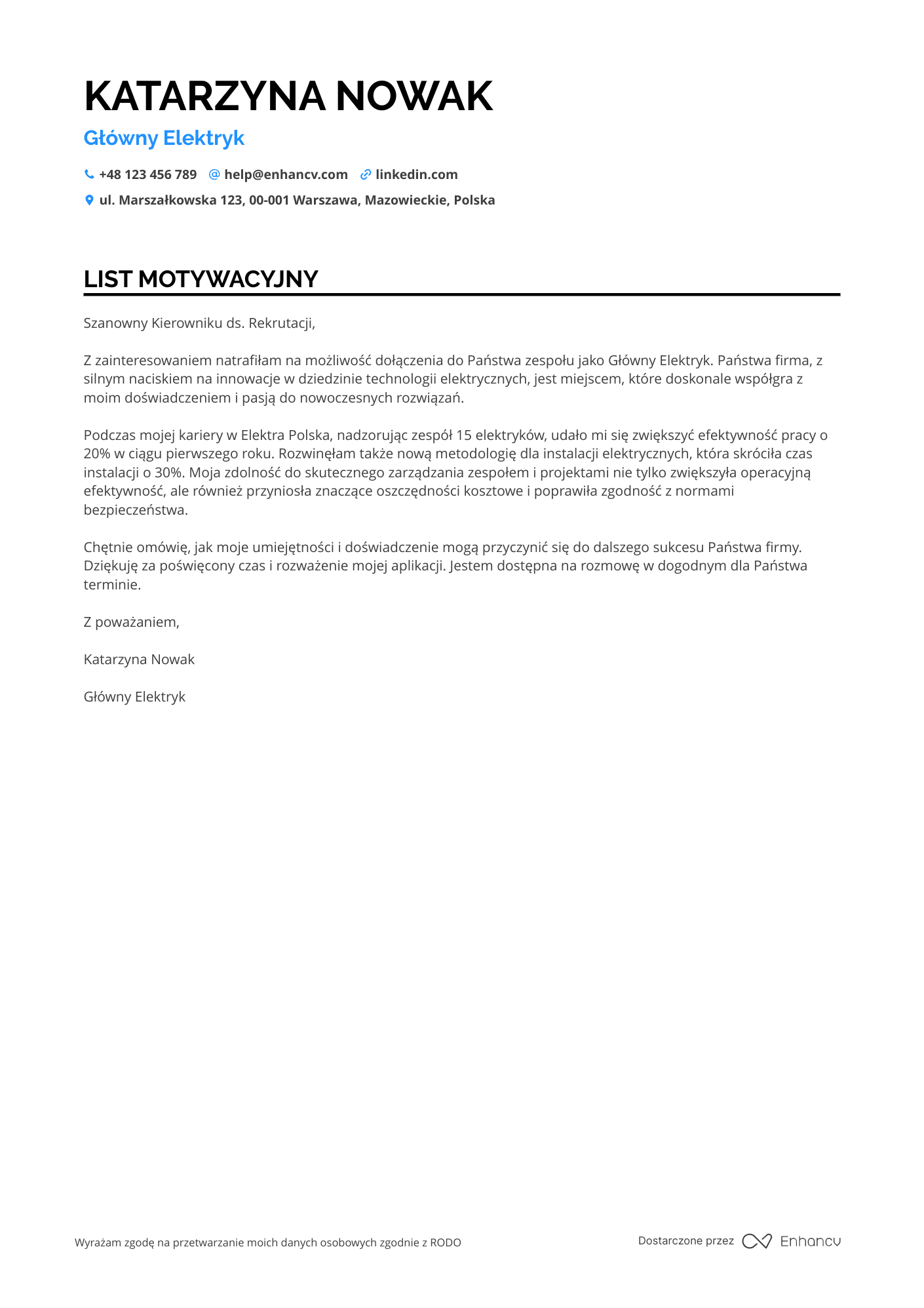 List motywacyjny dla Główny Elektryk Resume Example
