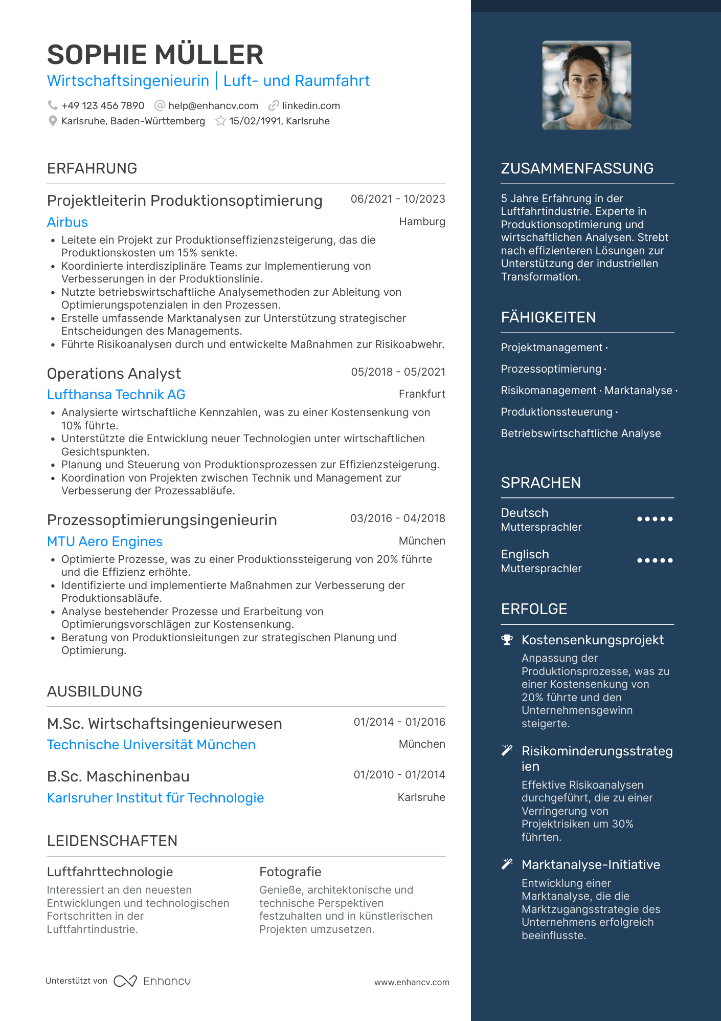 Lebenslauf in Wirtschaftsingenieur in der Luft  und Raumfahrtindustrie Resume Example