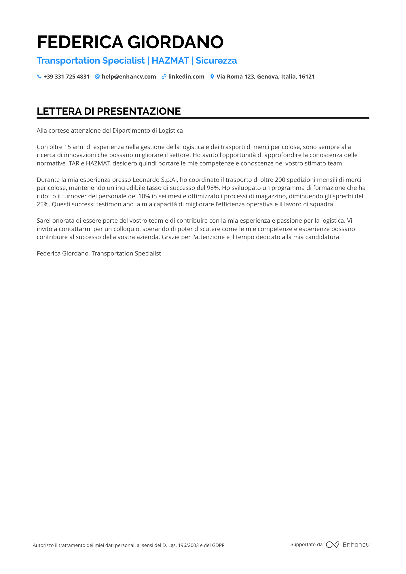 Specialista in Logistica Militare Resume Example