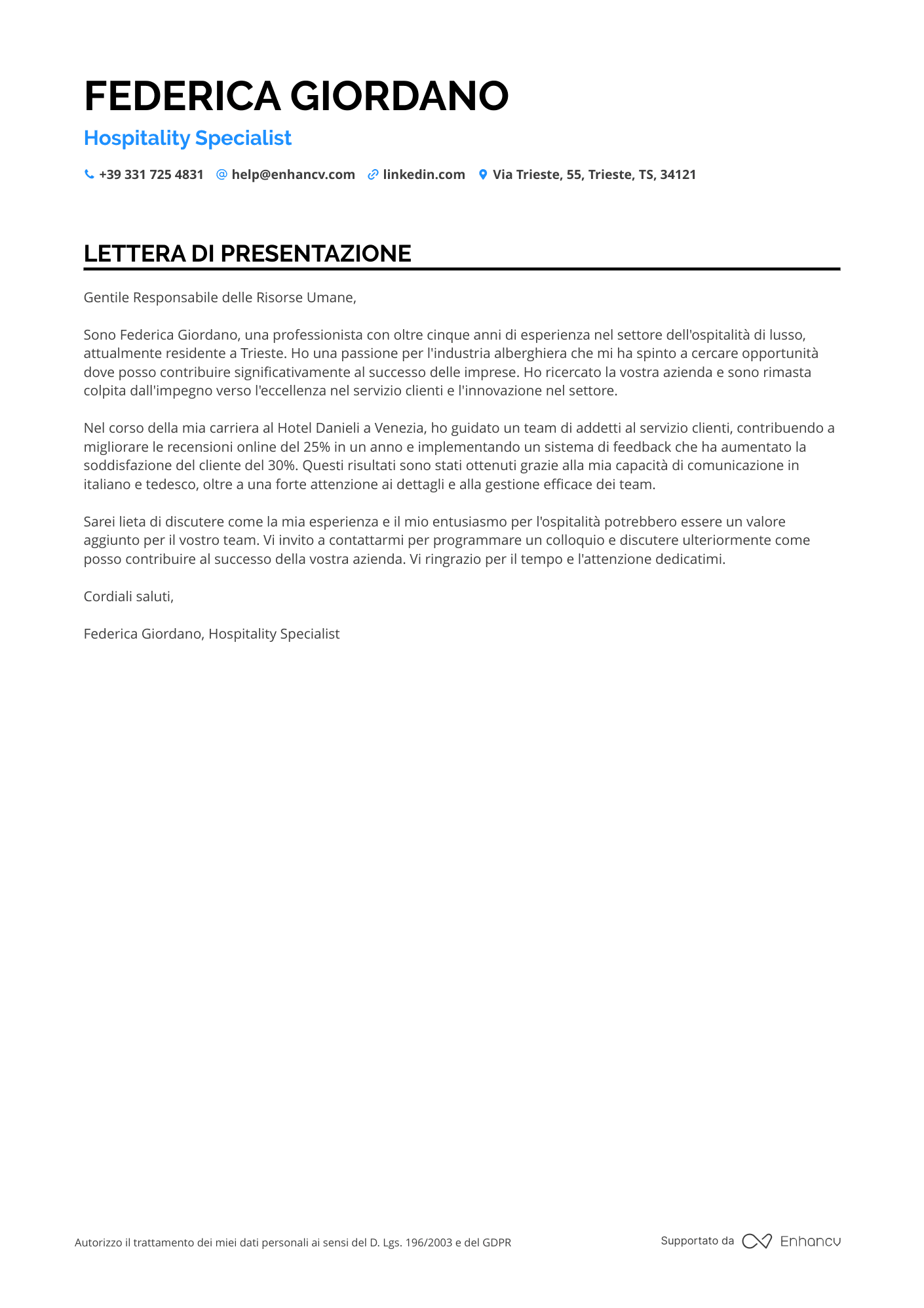 Hostess di Negozio Resume Example