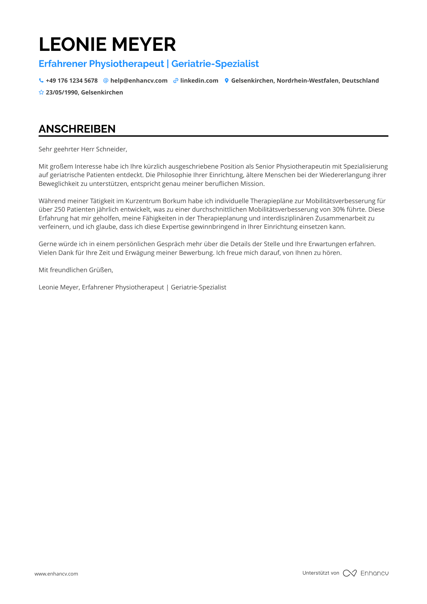 Physiotherapeut in der Geriatrie Resume Example