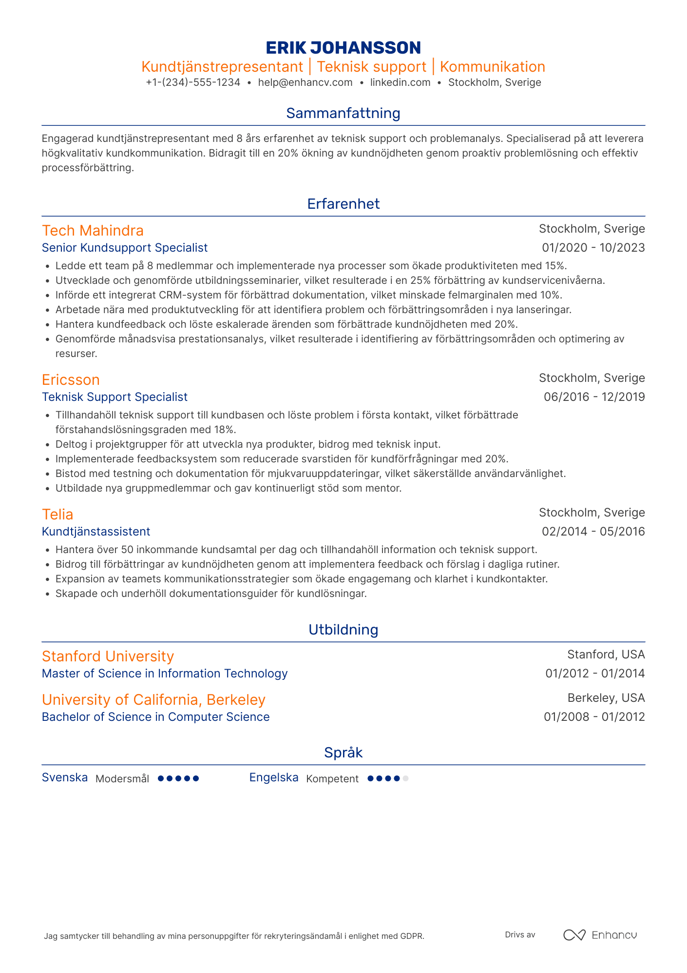 CV för Kundtjänstrepresentant Support Resume Example
