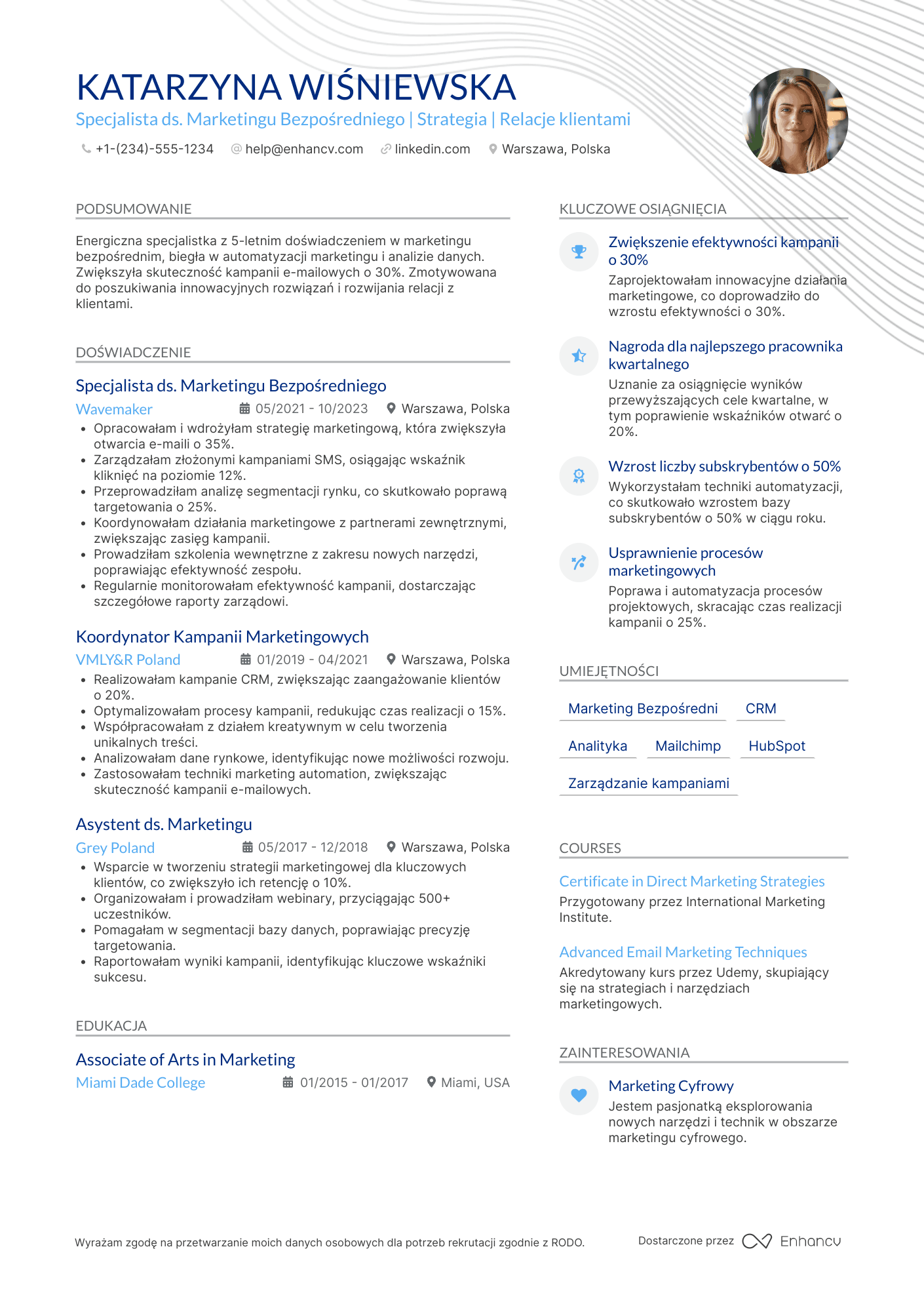 CV dla Specjalista ds. Marketingu Bezpośredniego Resume Example