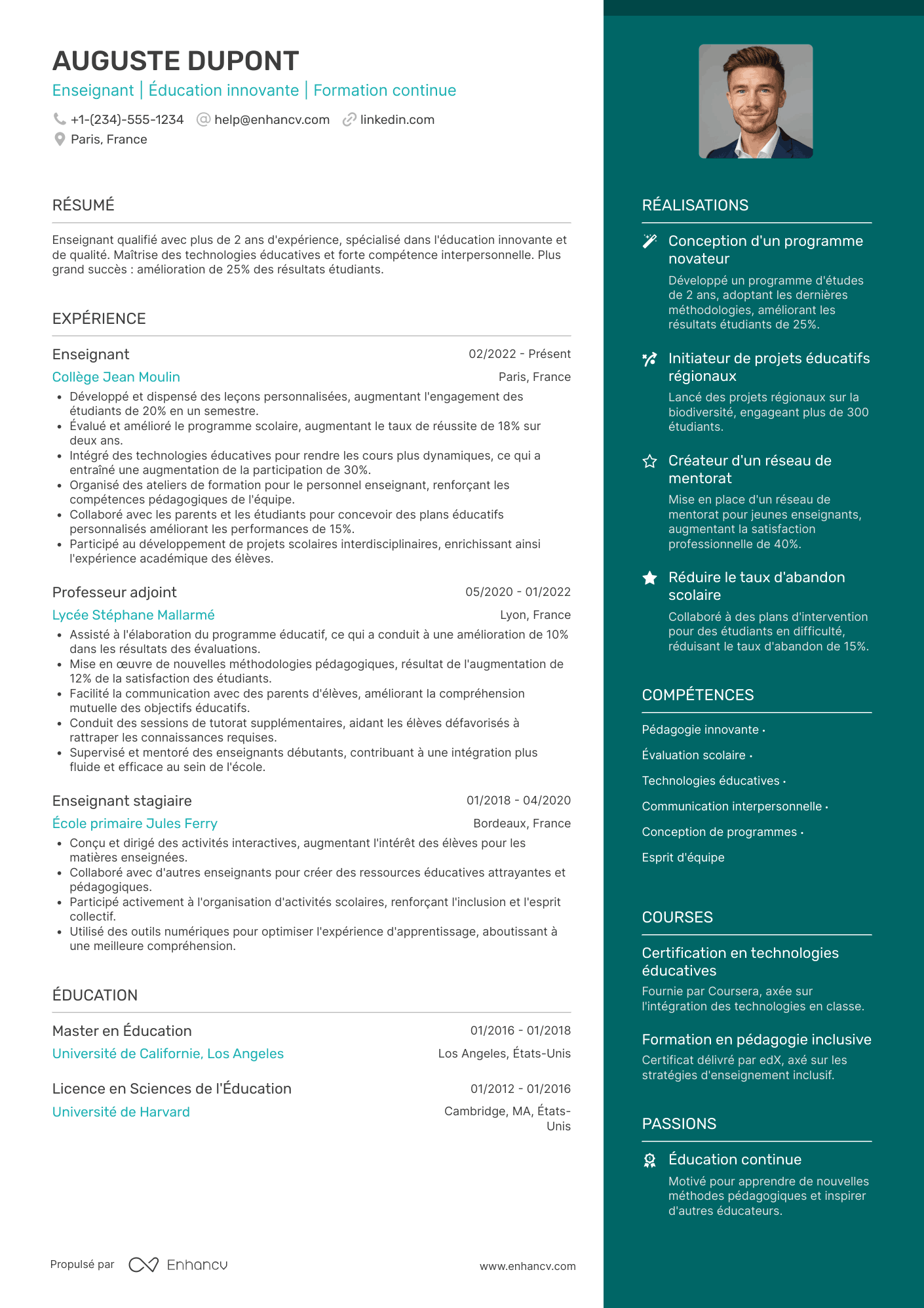 Exemple de CV pour un enseignant Resume Example