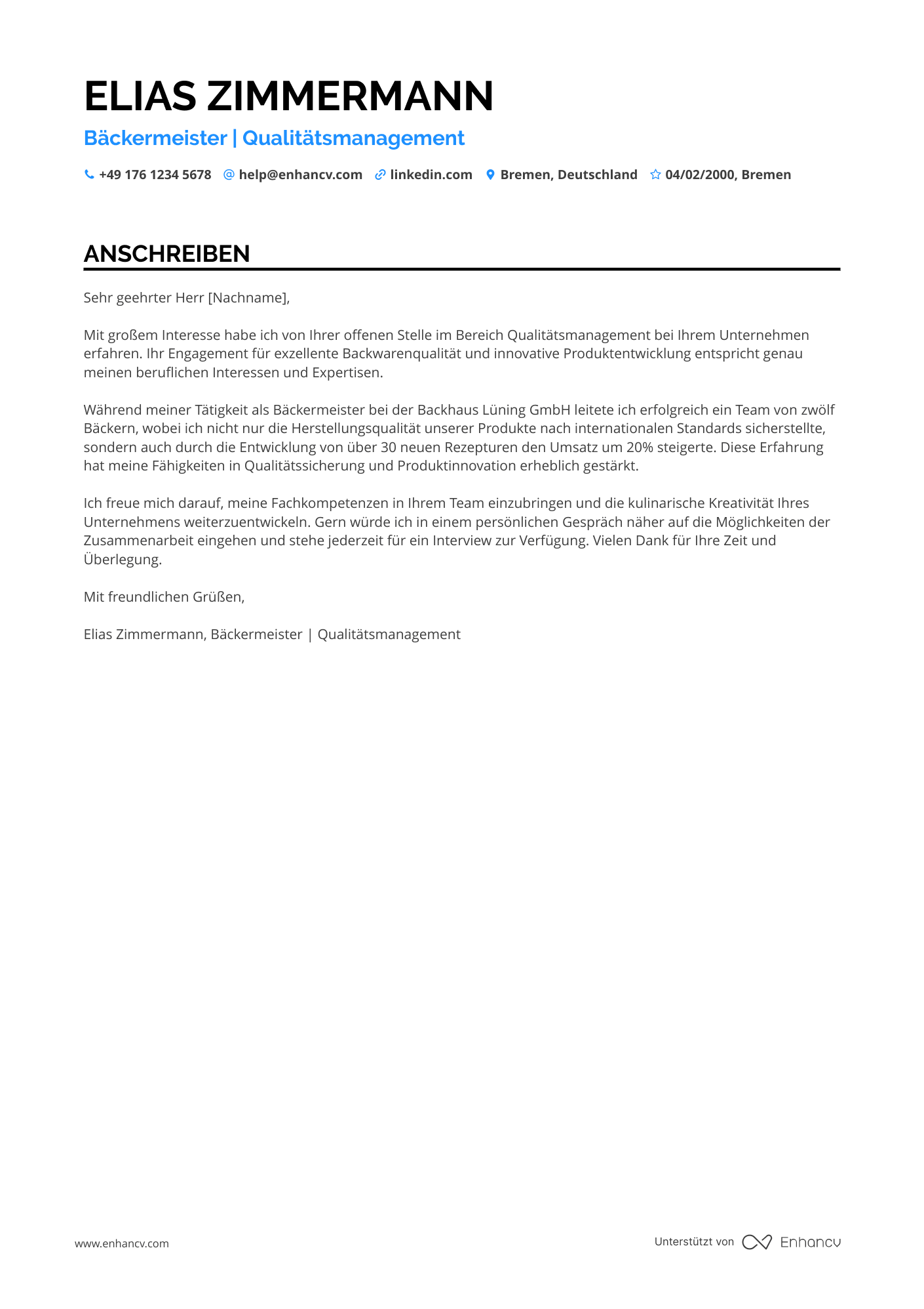Bäckermeister Resume Example