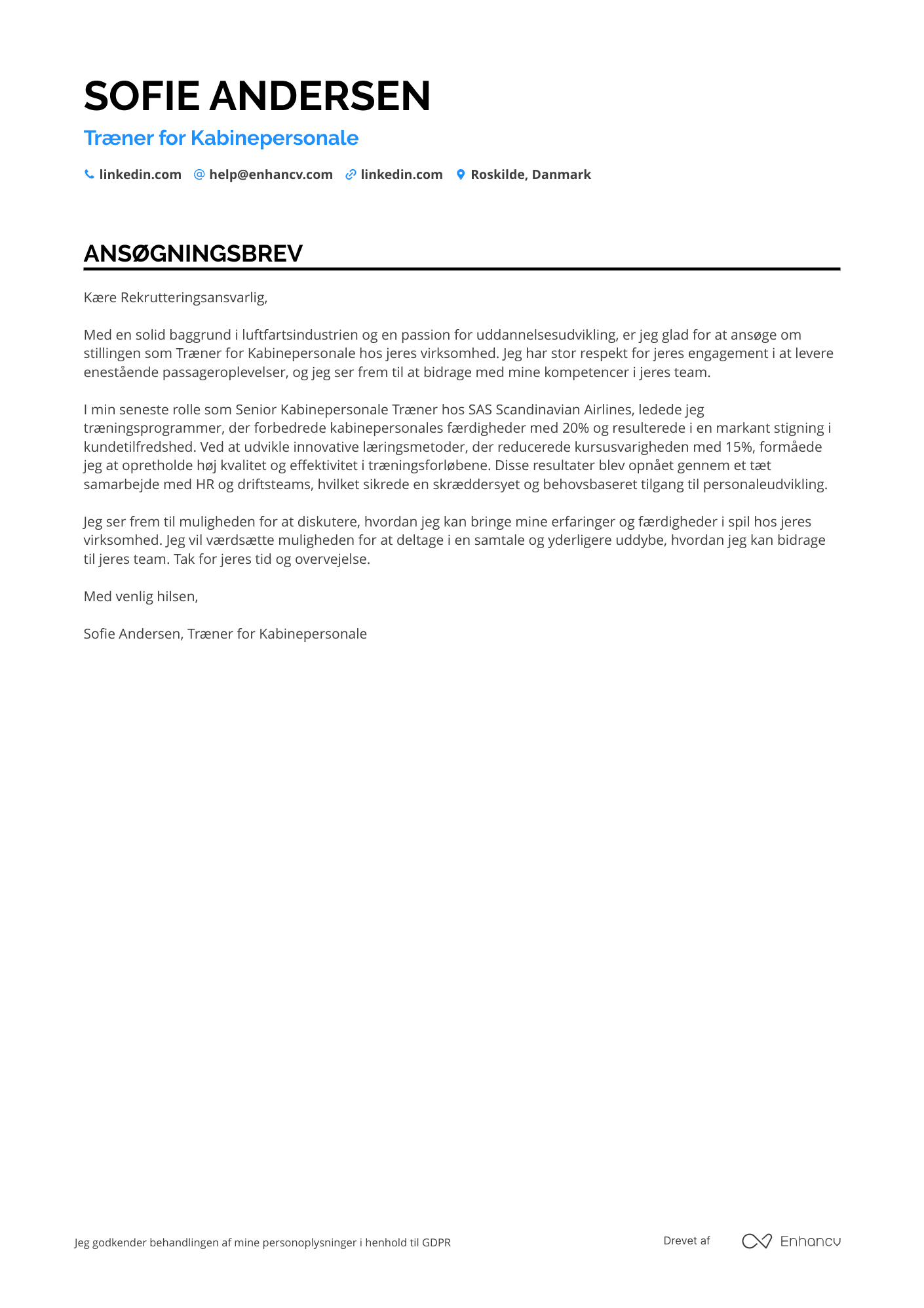 Ansøgningsbrev til Træner for kabinepersonale Resume Example