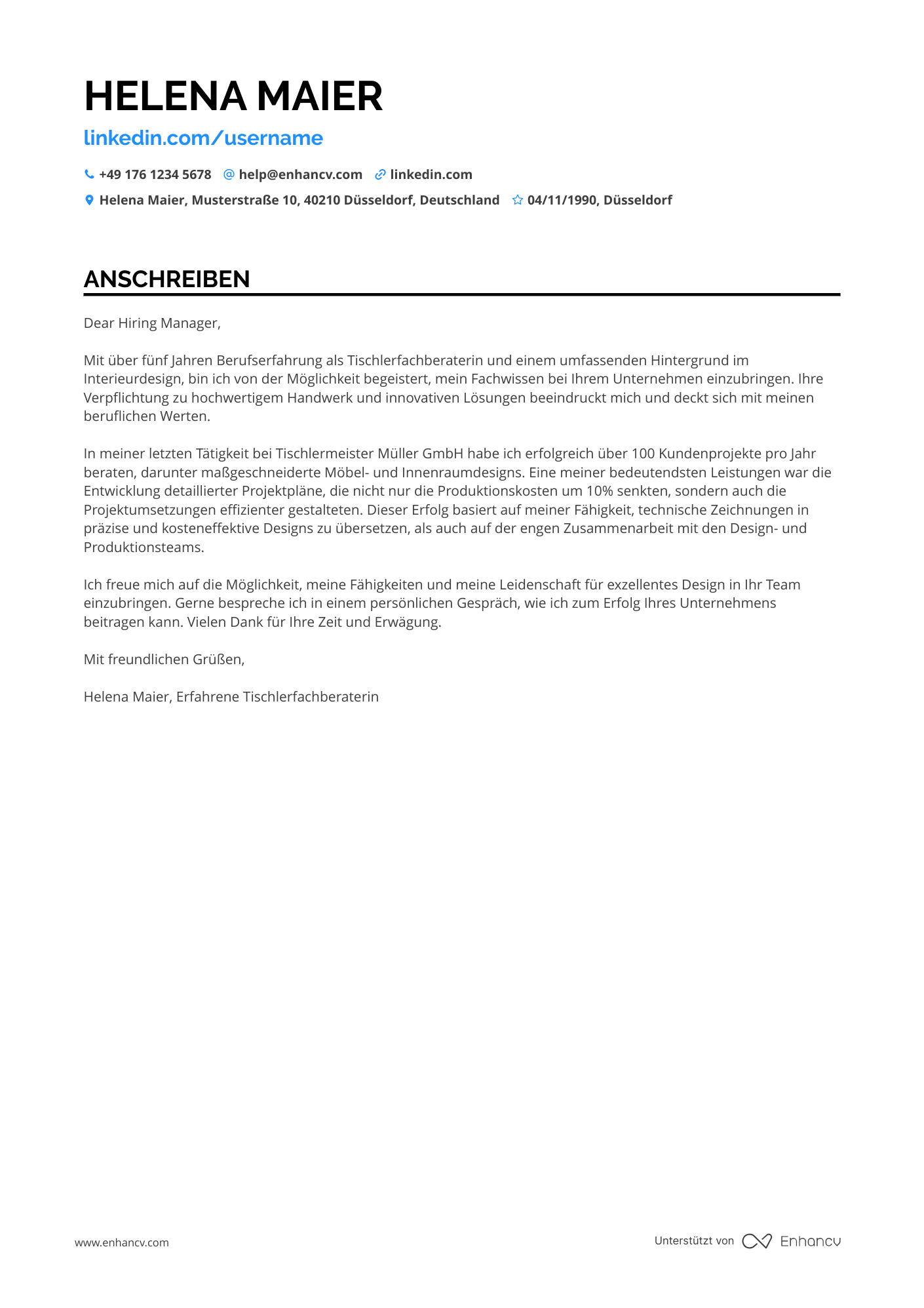 Tischlerfachberater Resume Example