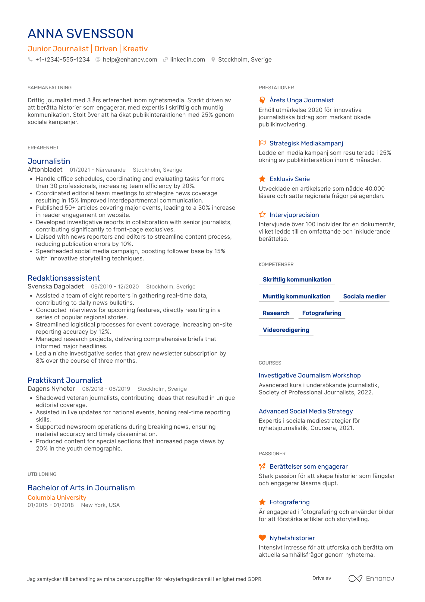 CV för Junior Journalist Resume Example