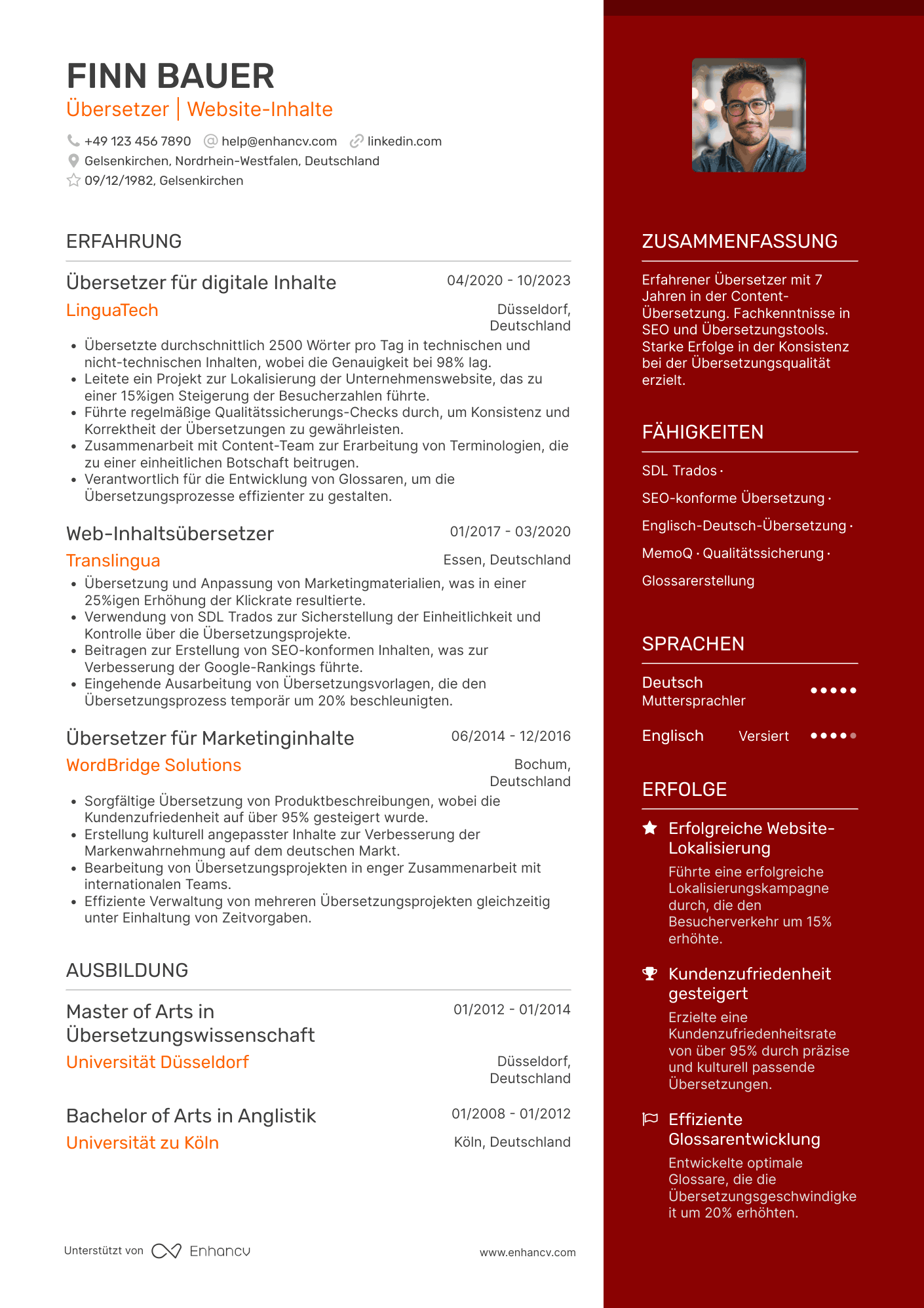 Lebenslauf als Übersetzer für Website Inhalte Resume Example