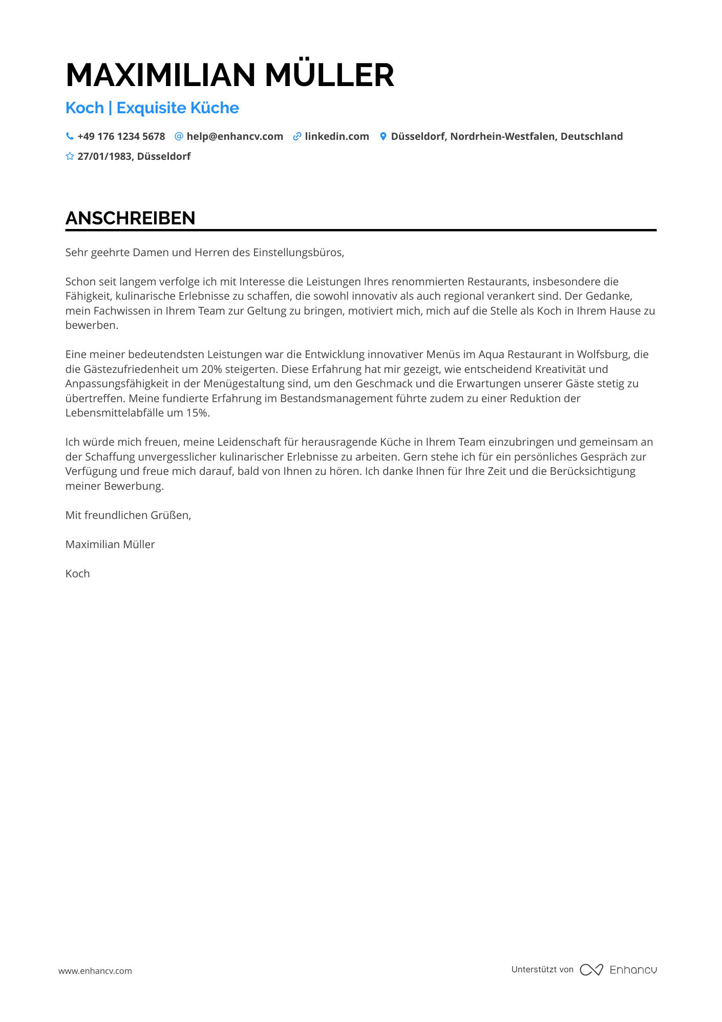 Koch in einem Luxusrestaurant Resume Example