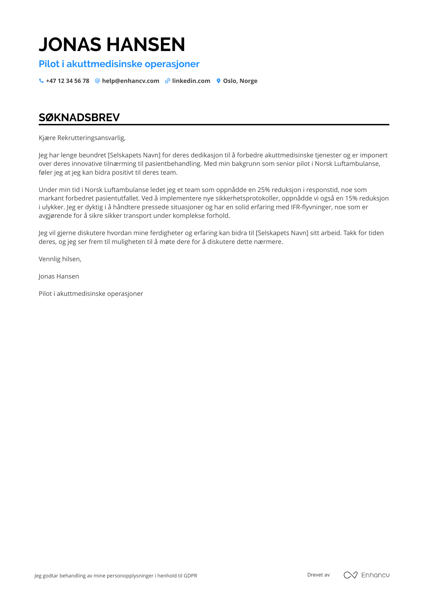 Søknadsbrev for Pilot i akuttmedisinske tjenester Resume Example