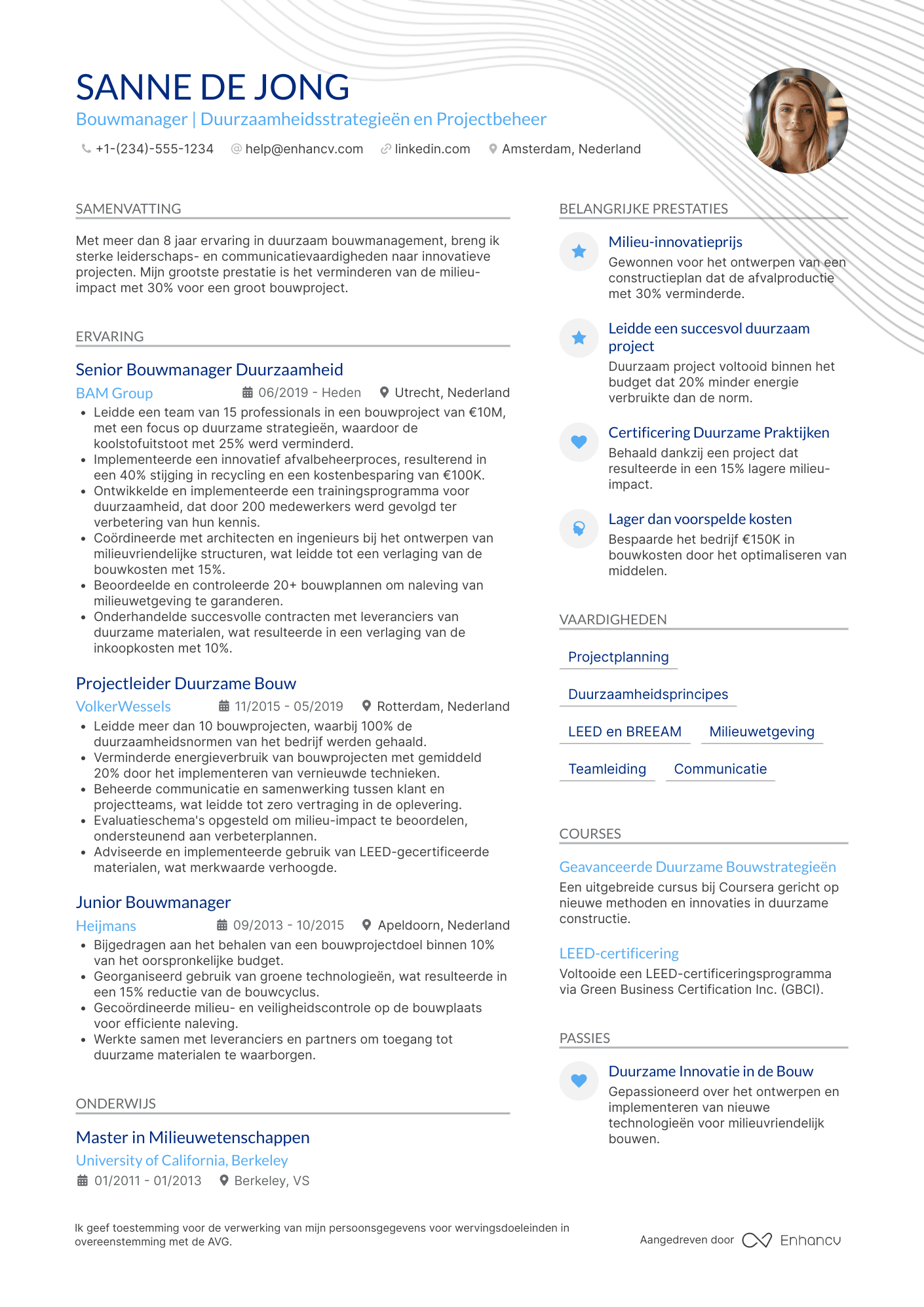 CV voor Bouwmanager voor duurzaamheid Resume Example