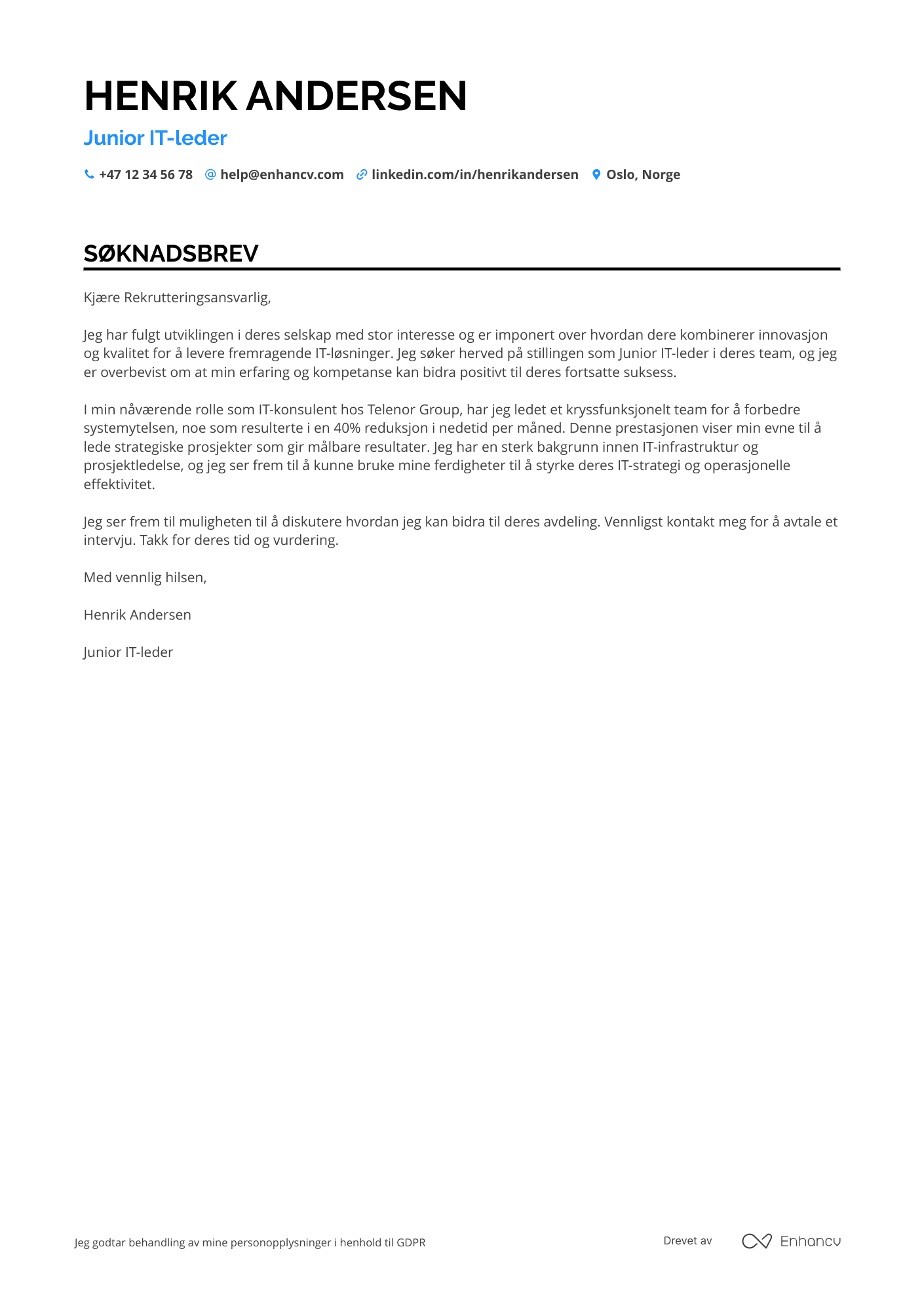 Søknadsbrev for Junior IT leder Resume Example