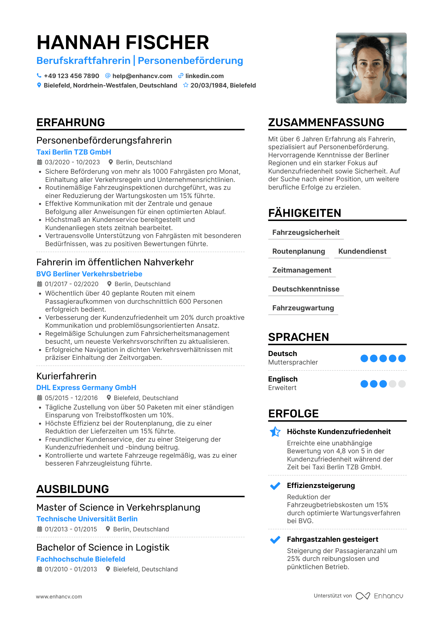 Lebenslauf als Personenbeförderungsfahrer Resume Example