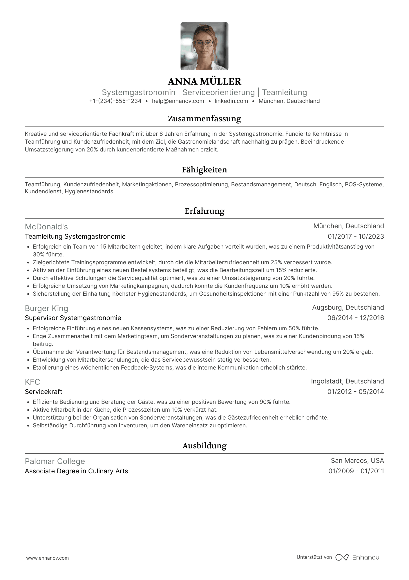 Lebenslauf Systemgastronomie Resume Example