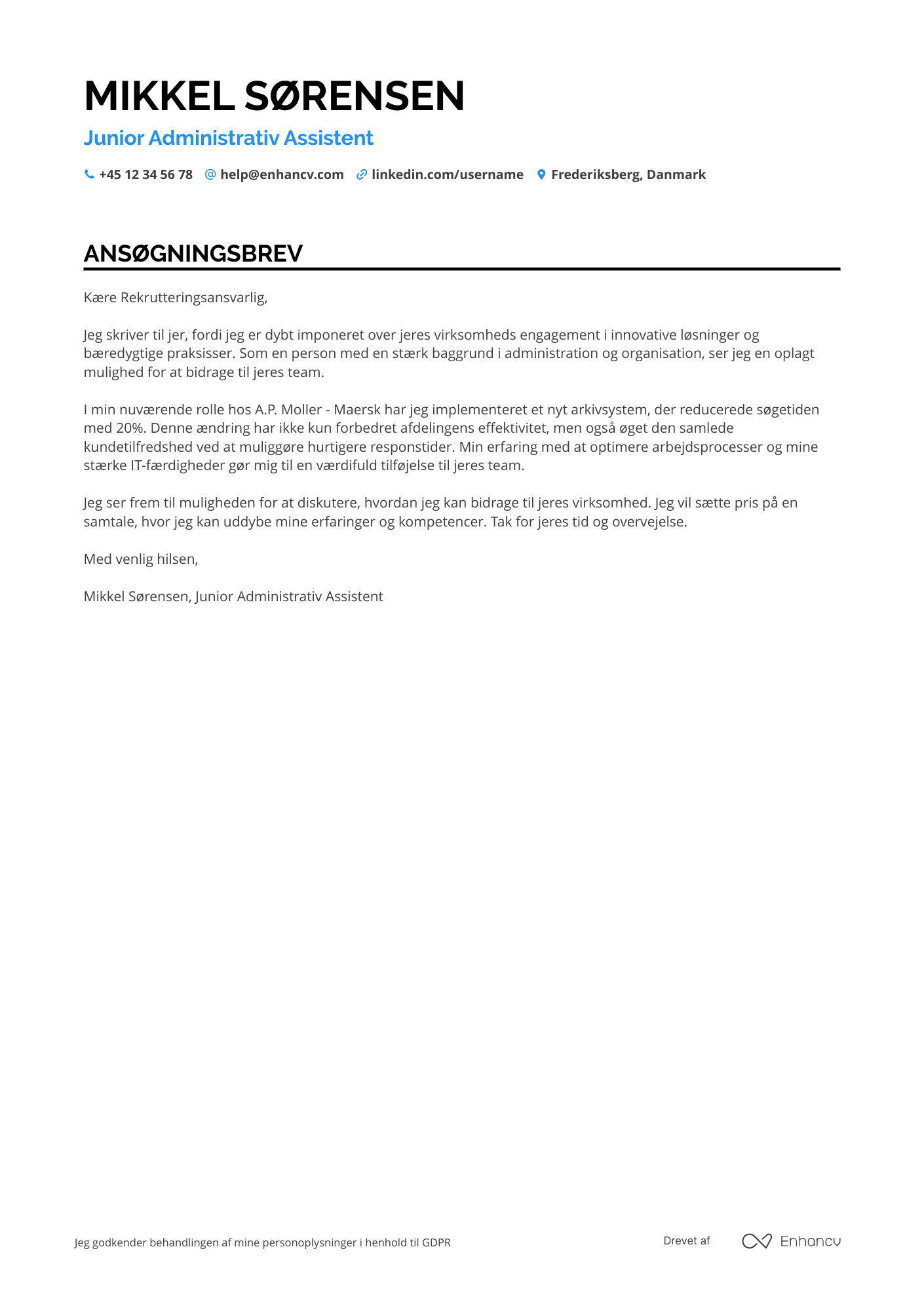 Ansøgningsbrev til Junior administrativ assistent Resume Example