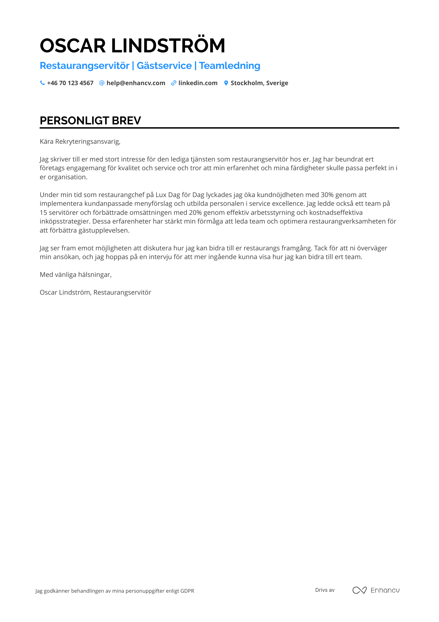 Personligt brev för Restaurangservitör Resume Example