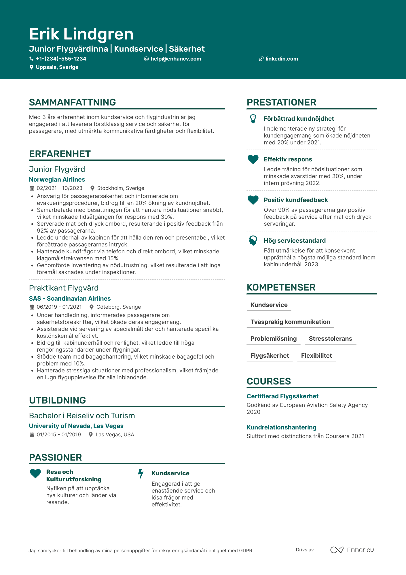 CV för Junior Flygvärdinna Resume Example