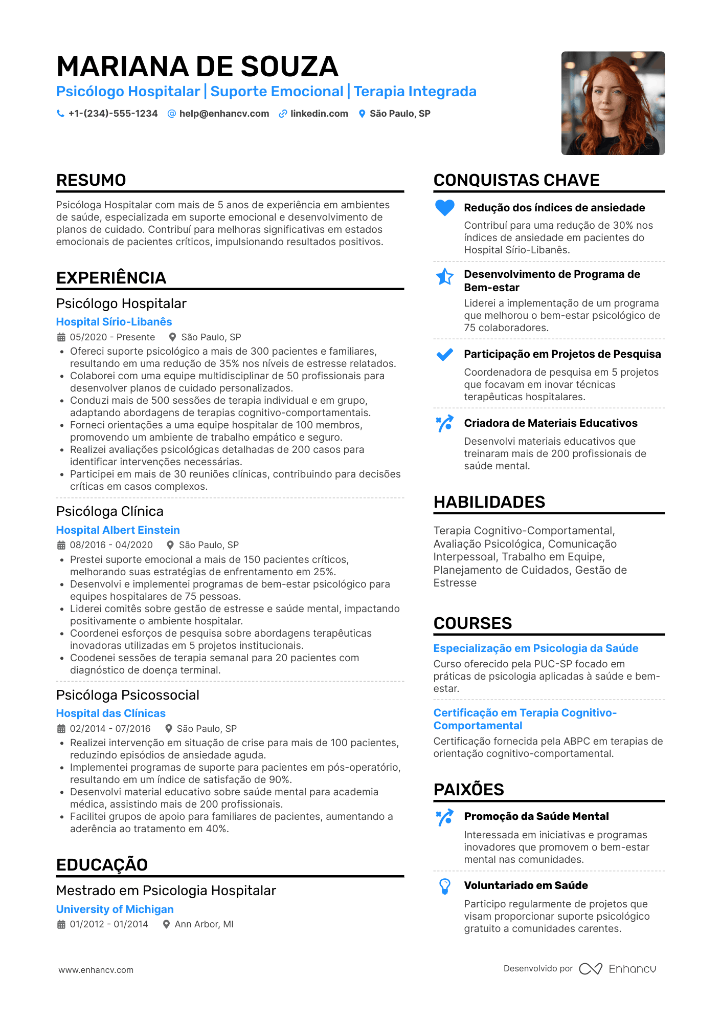 Currículo de psicólogo hospitalar Resume Example